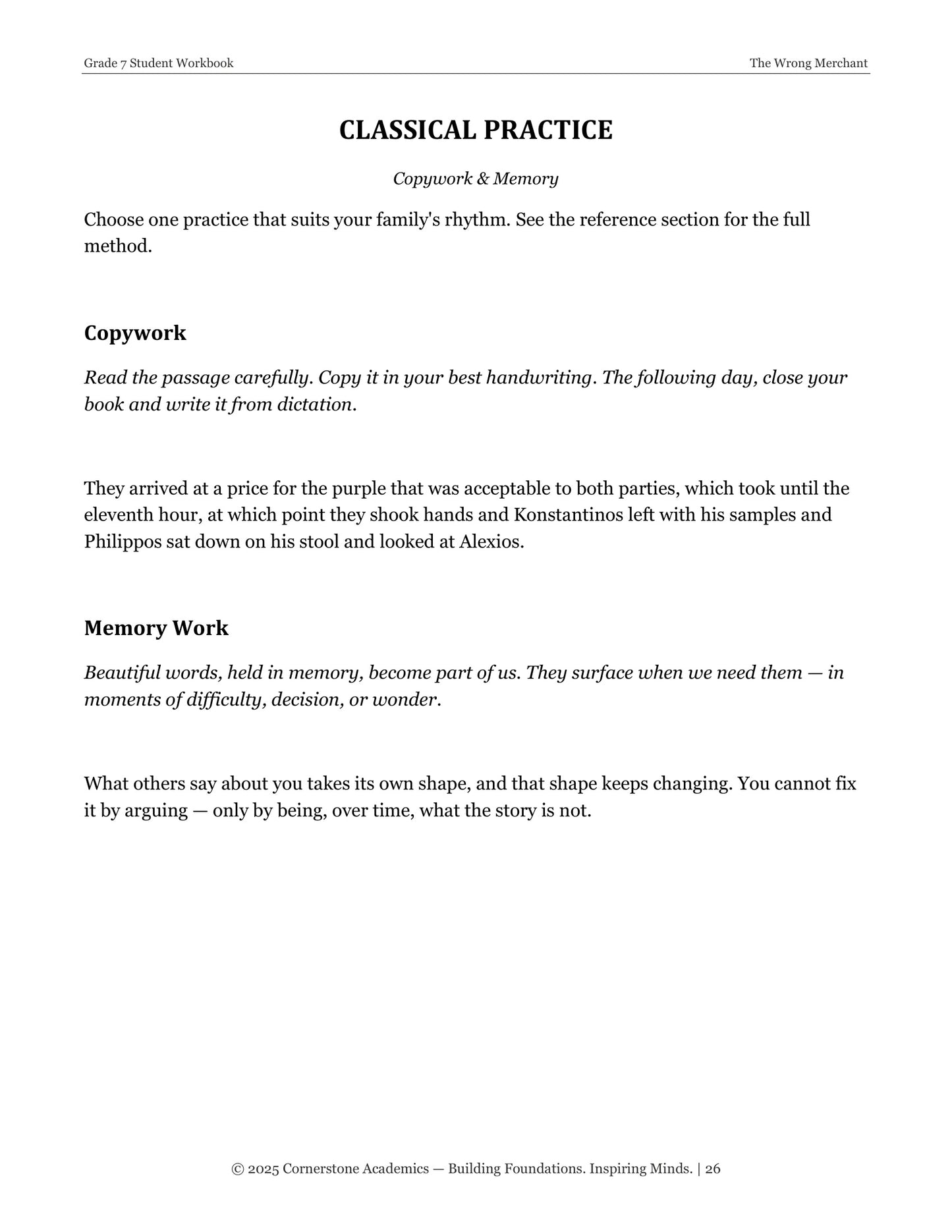 The Wrong Merchant | Grade 7 Classical Literature Packet | Cornerstone Academics