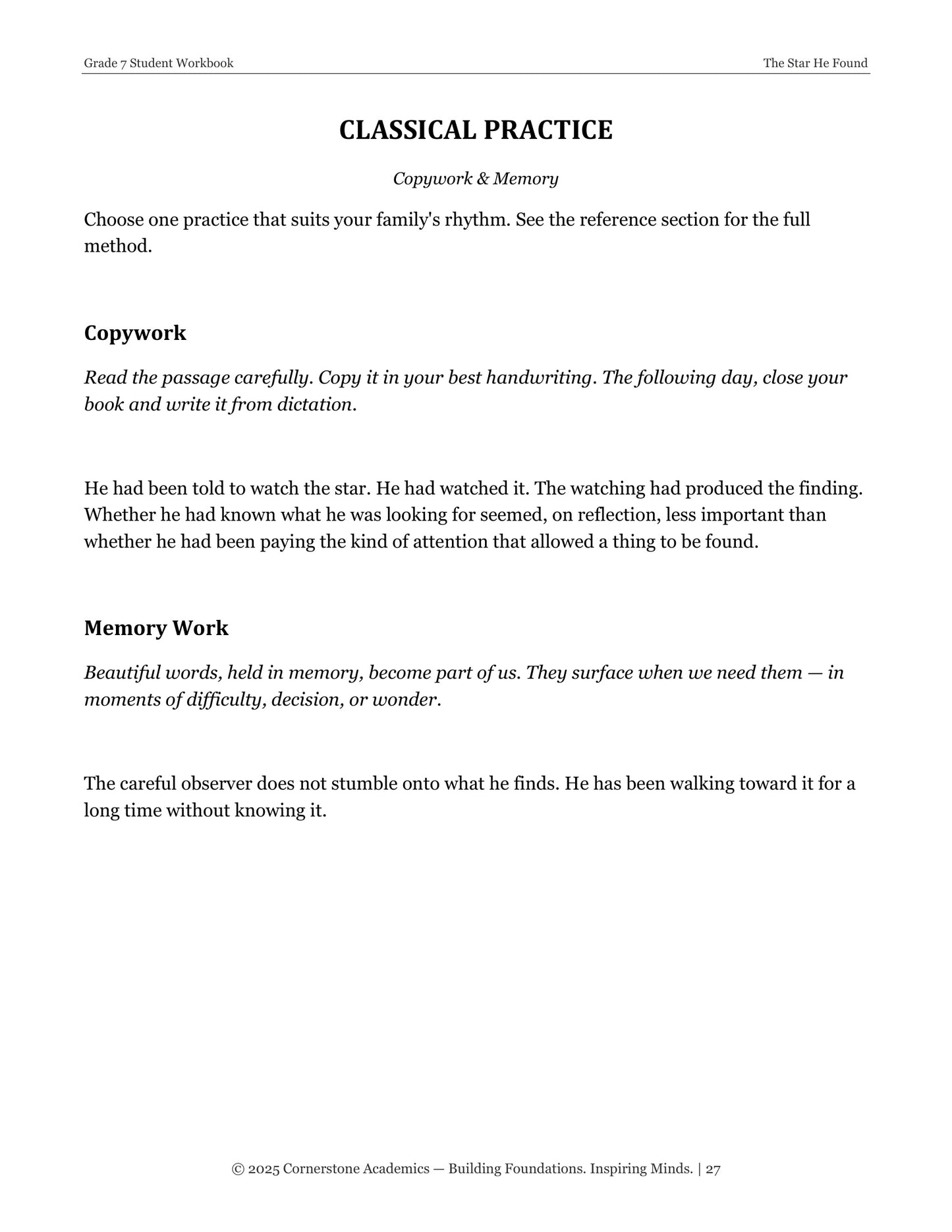 The Star He Found | Grade 7 Classical Literature Packet | Cornerstone Academics