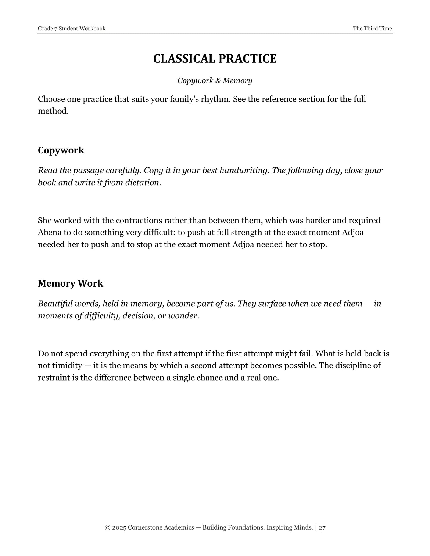 The Third Time | Grade 7 Classical Literature Packet | Cornerstone Academics