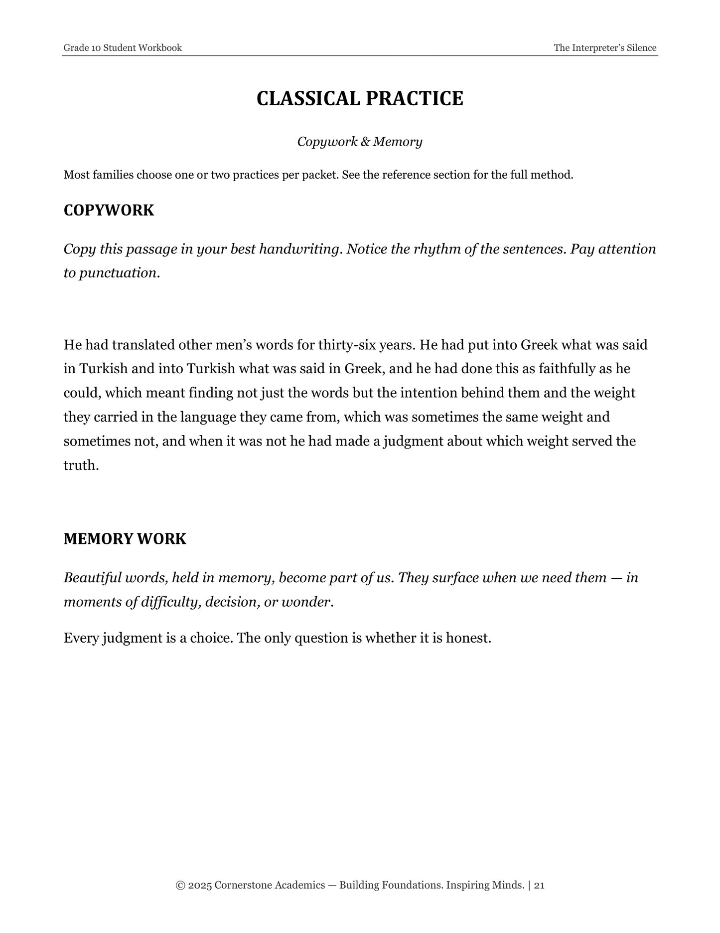 The Interpreter's Silence | Grade 10 Classical Literature Packet | Cornerstone Academics