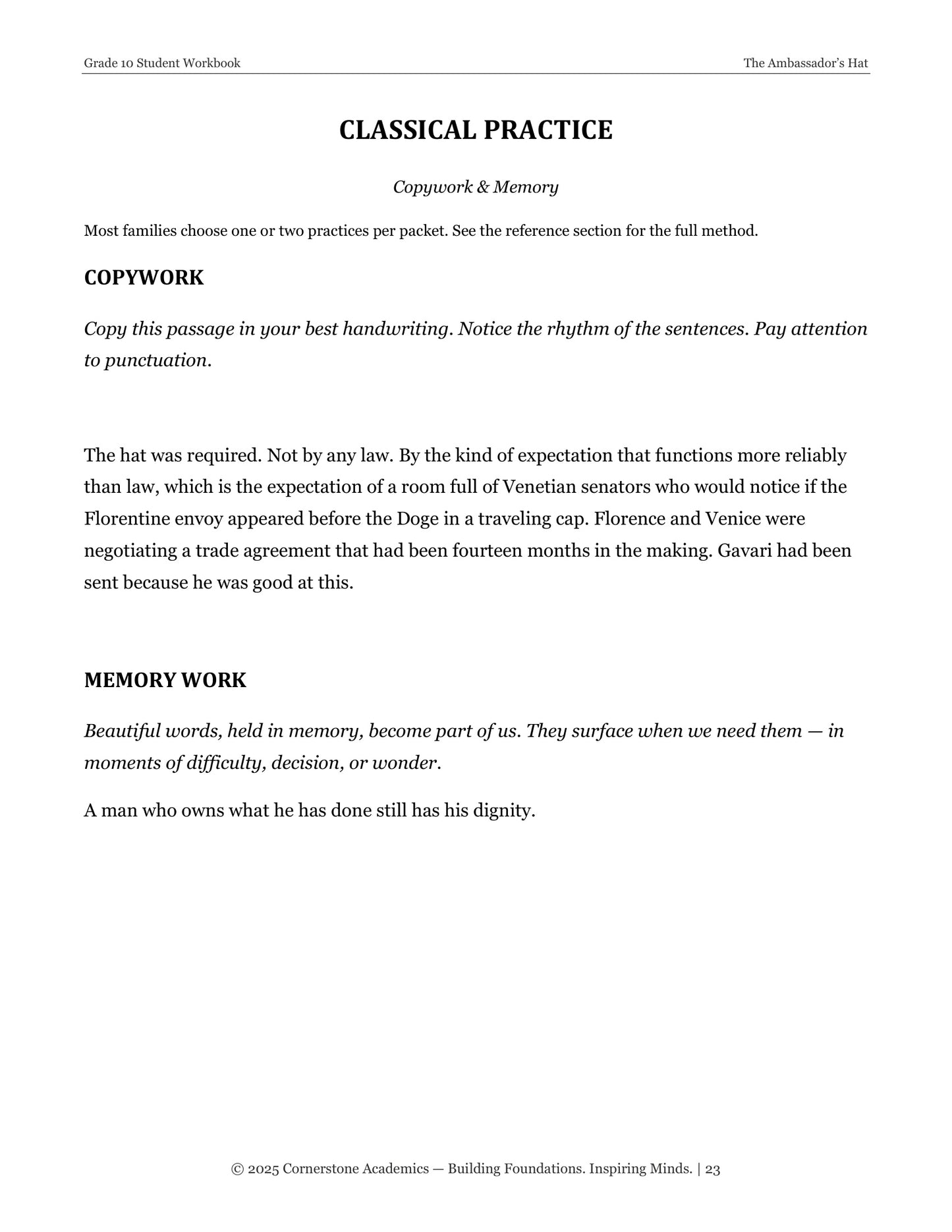 The Ambassador's Hat | Grade 10 Classical Literature Packet | Cornerstone Academics