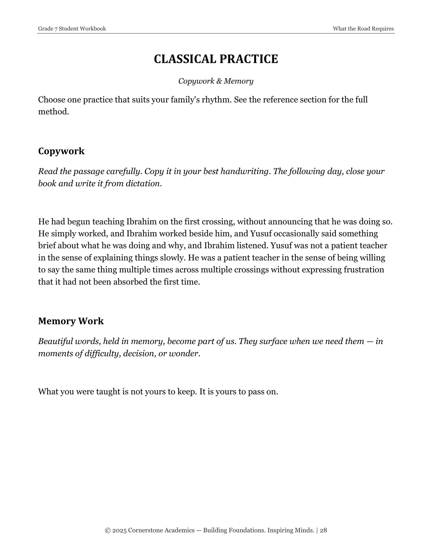 What the Road Requires | Grade 7 Classical Literature Packet | Cornerstone Academics