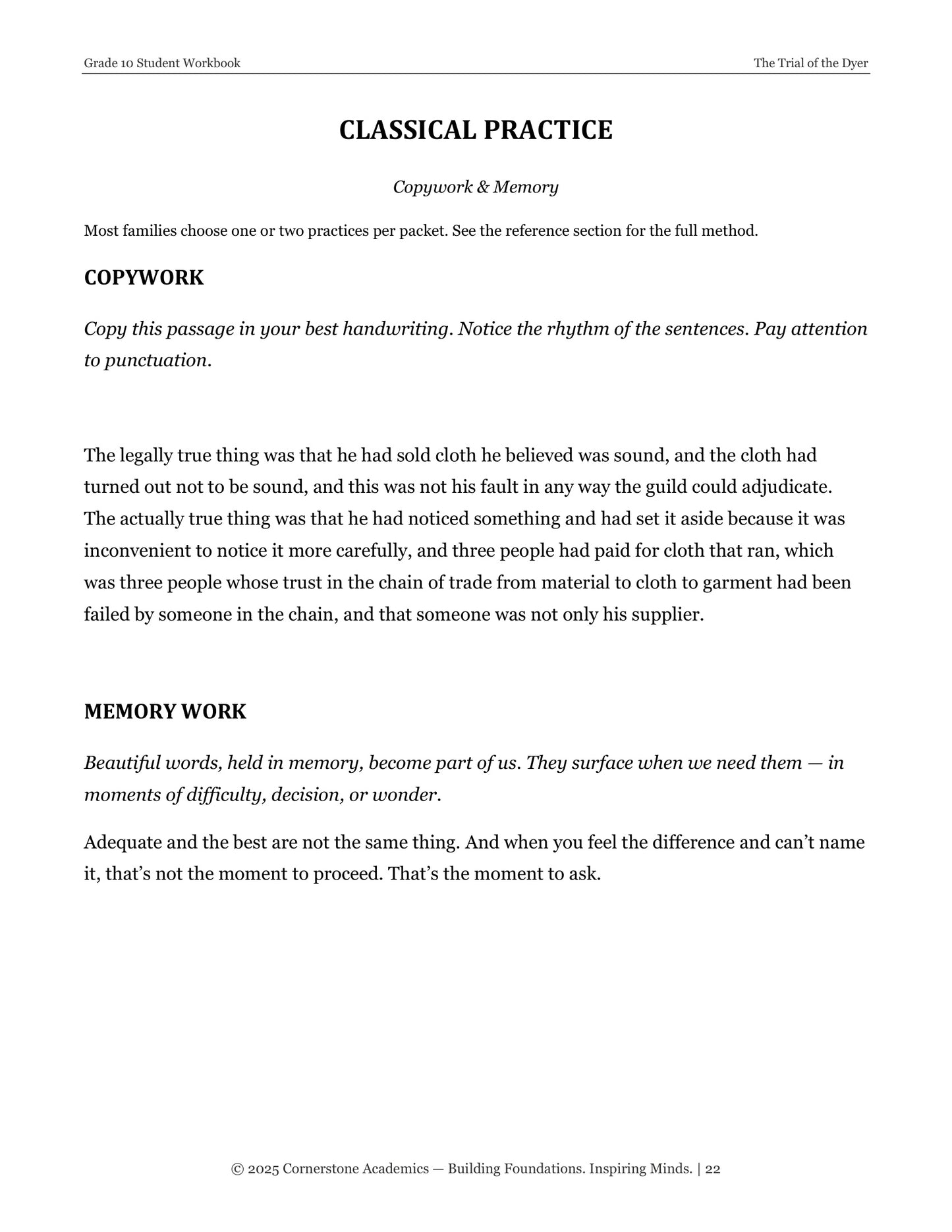The Trial of the Dyer | Grade 10 Classical Literature Packet | Cornerstone Academics
