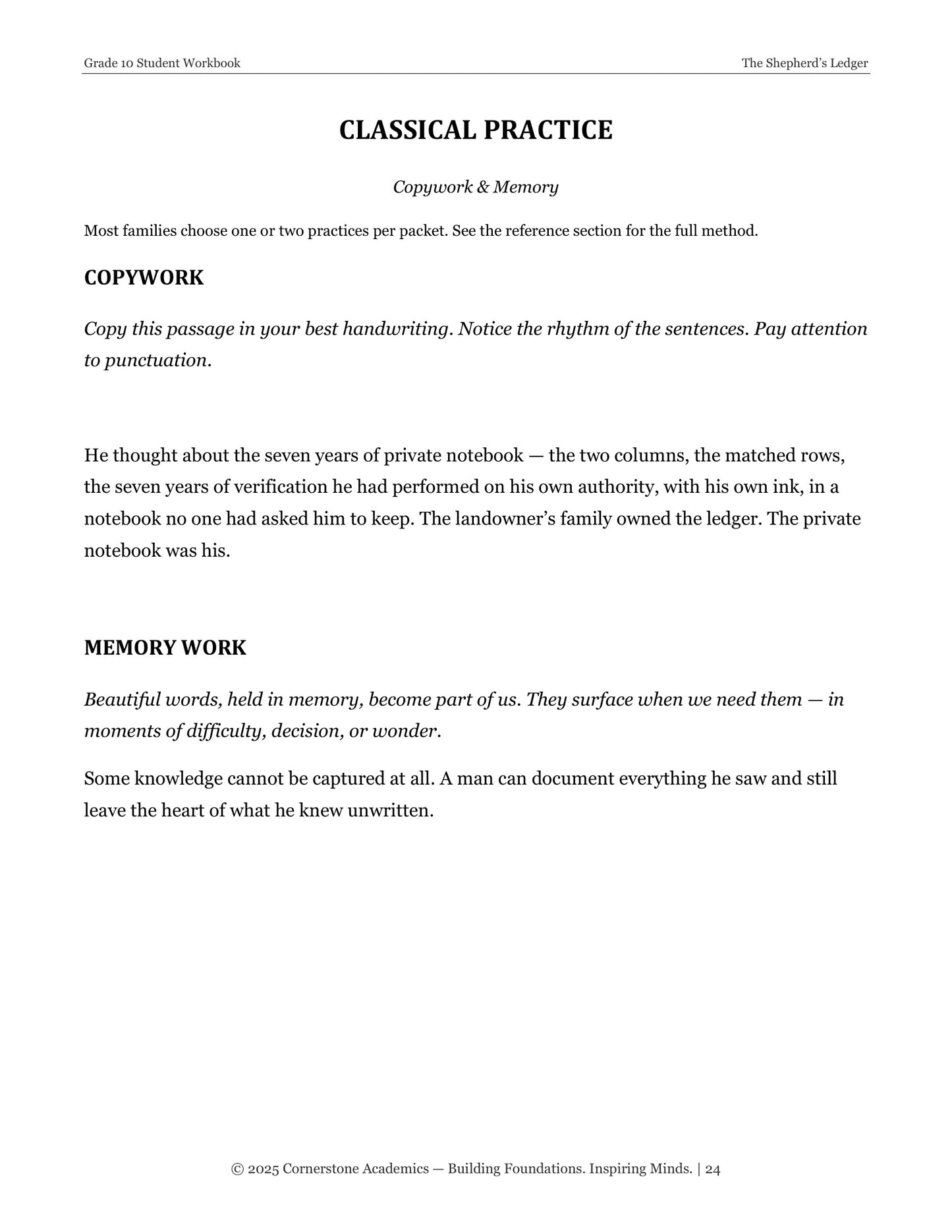 The Shepherd's Ledger | Grade 10 Classical Literature Packet | Cornerstone Academics