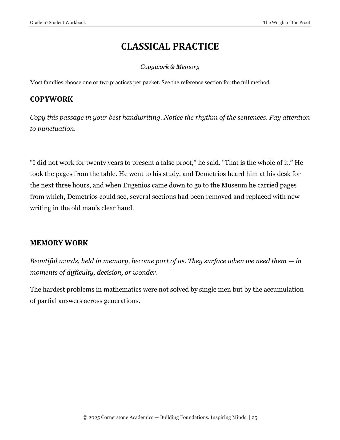 The Weight of the Proof | Grade 10 Classical Literature Packet | Cornerstone Academics