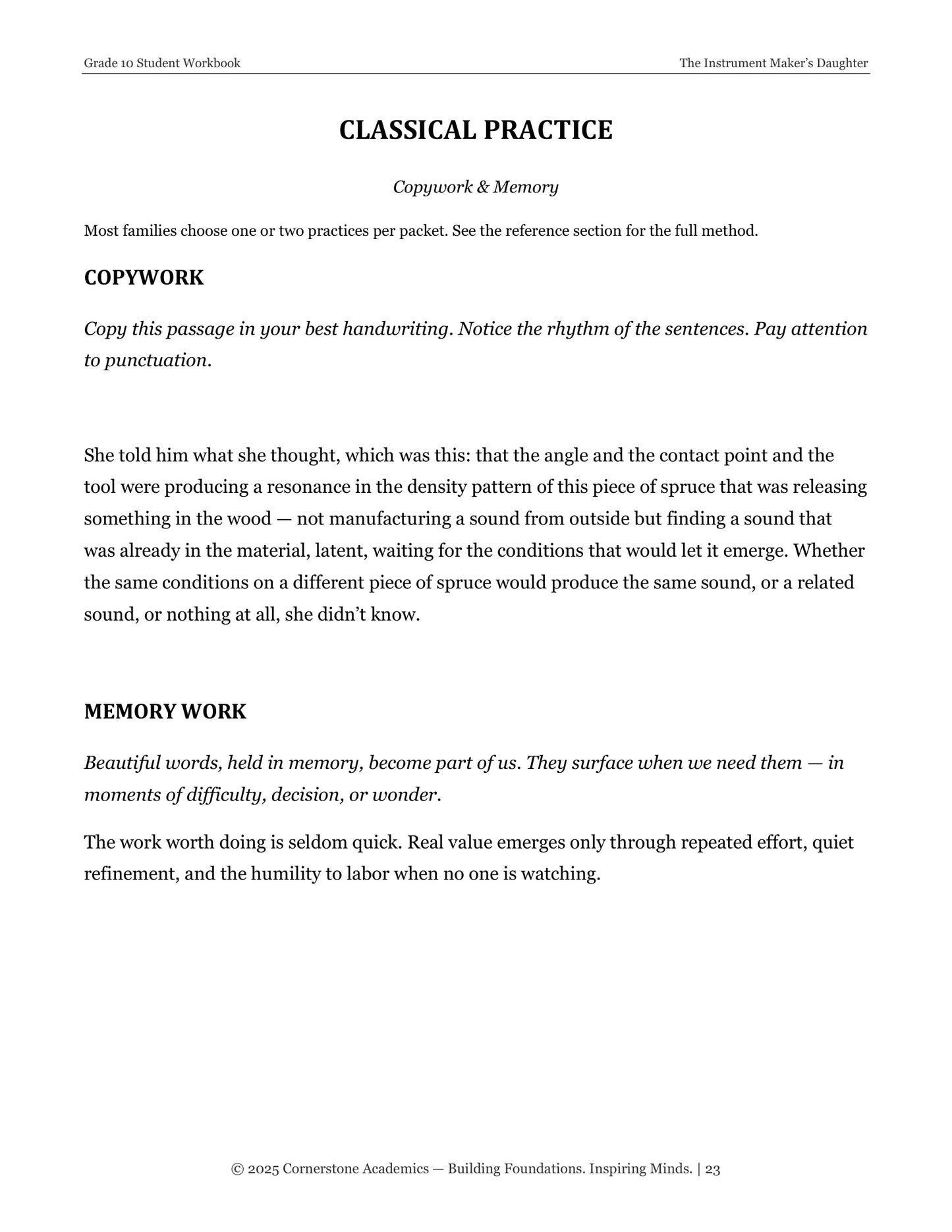 The Instrument Maker's Daughter | Grade 10 Classical Literature Packet | Cornerstone Academics