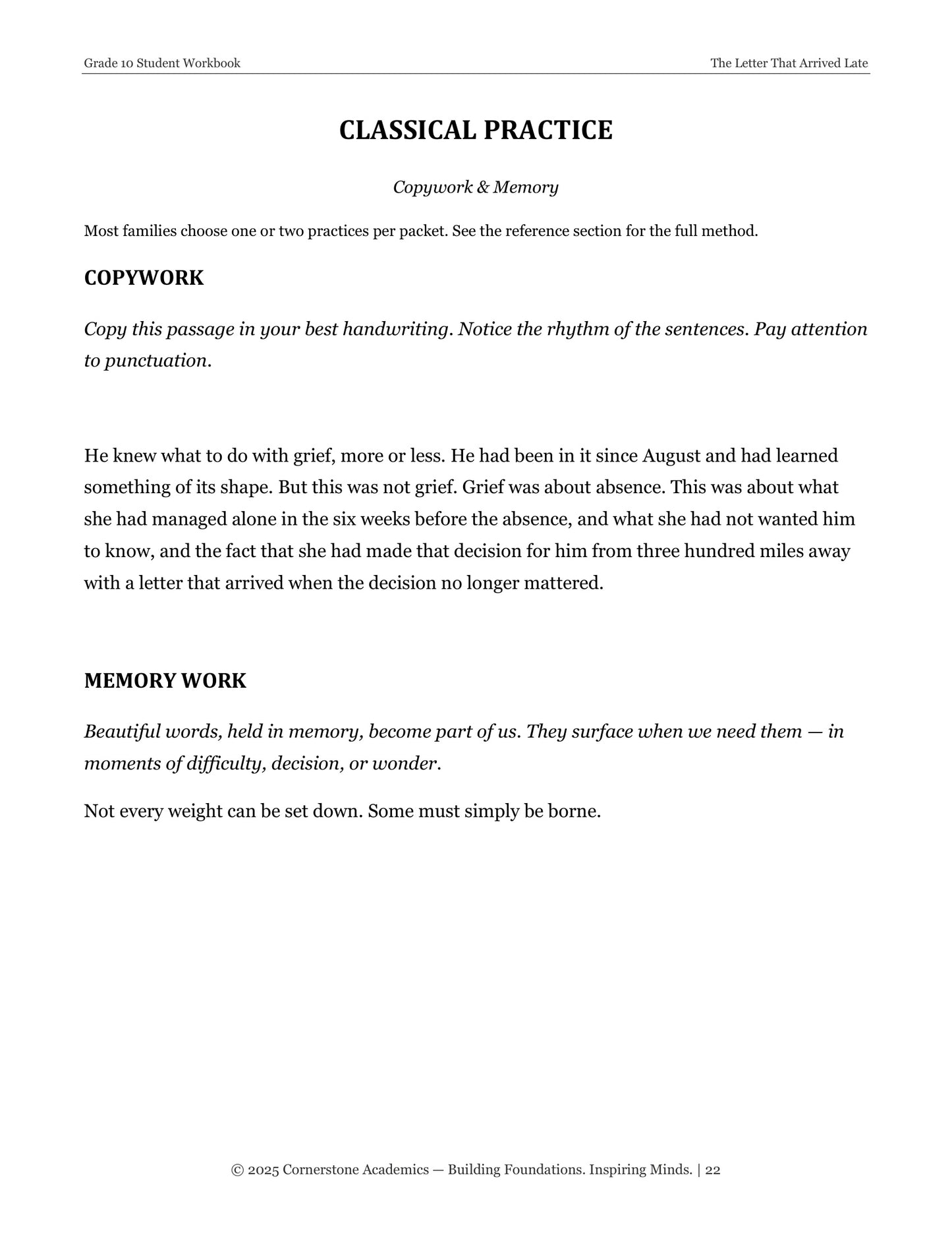 The Letter That Arrived Late | Grade 10 Classical Literature Packet | Cornerstone Academics