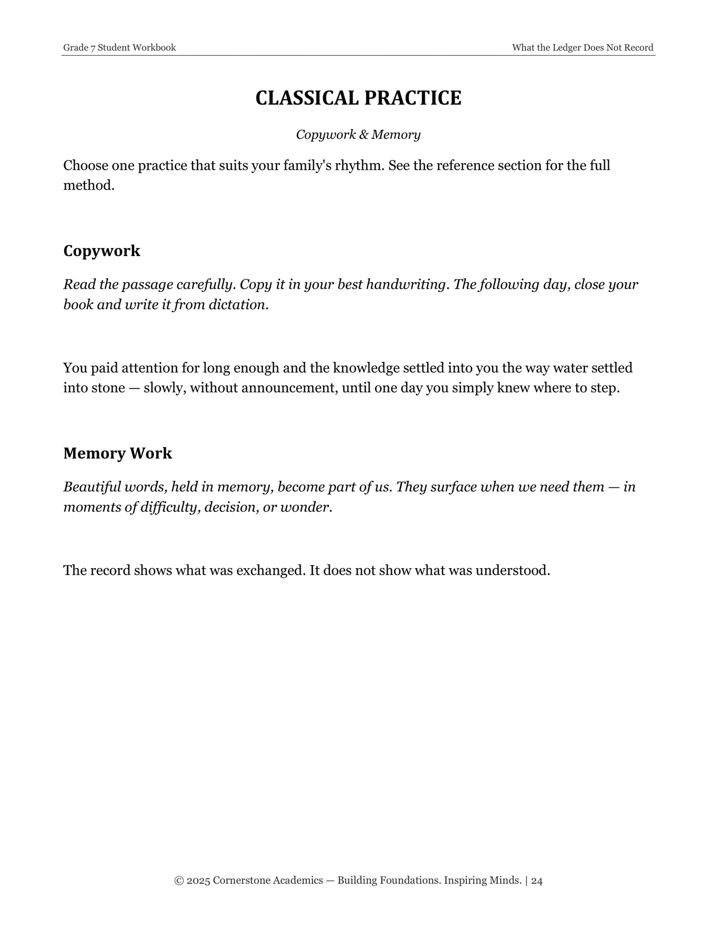 What the Ledger Does Not Record | Grade 7 Classical Literature Packet | Cornerstone Academics