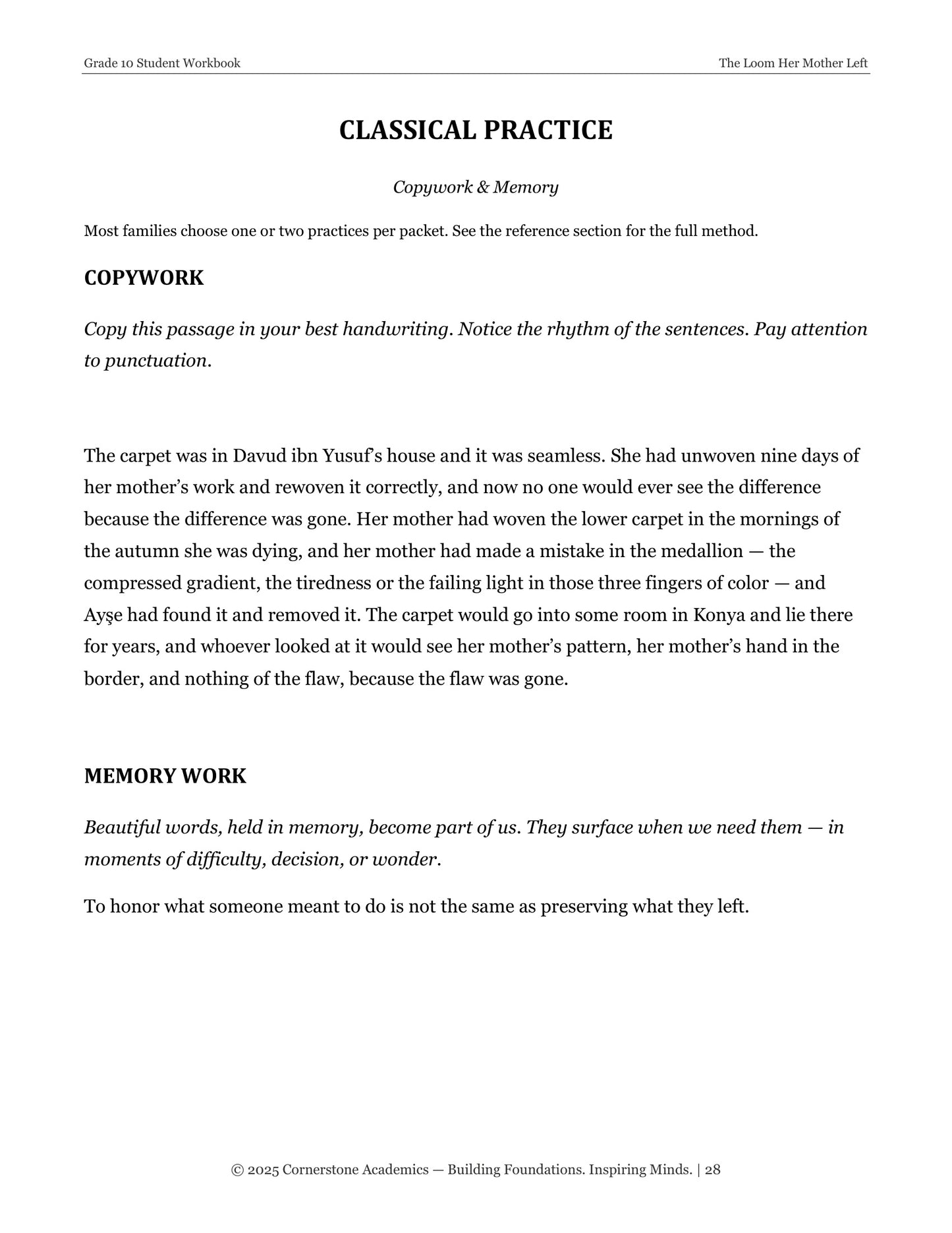The Loom Her Mother Left | Grade 10 Classical Literature Packet | Cornerstone Academics