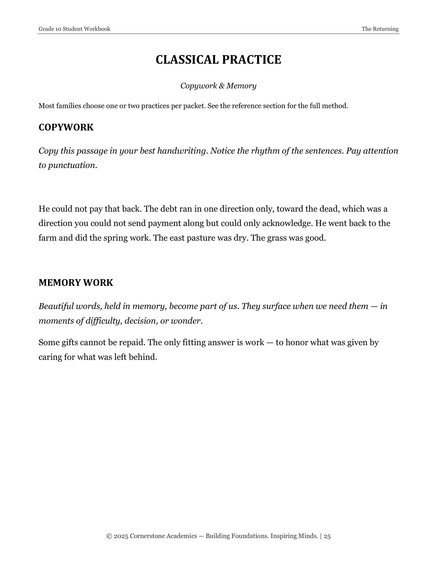 The Returning | Grade 10 Classical Literature Packet | Cornerstone Academics