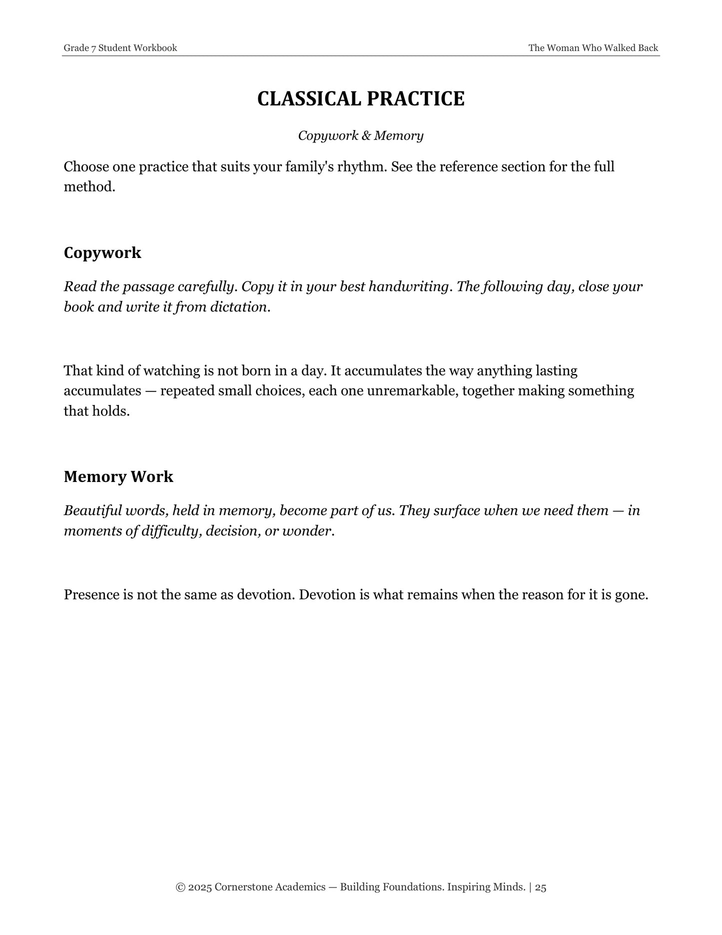 The Woman Who Walked Back | Grade 7 Classical Literature Packet | Cornerstone Academics
