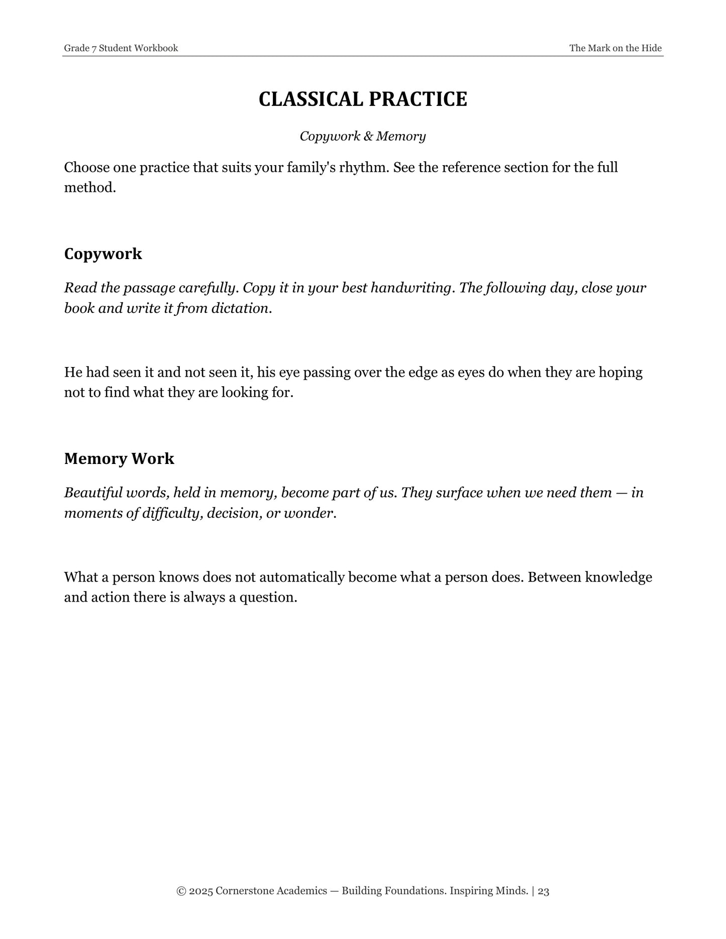 The Mark on the Hide | Grade 7 Classical Literature Packet | Cornerstone Academics