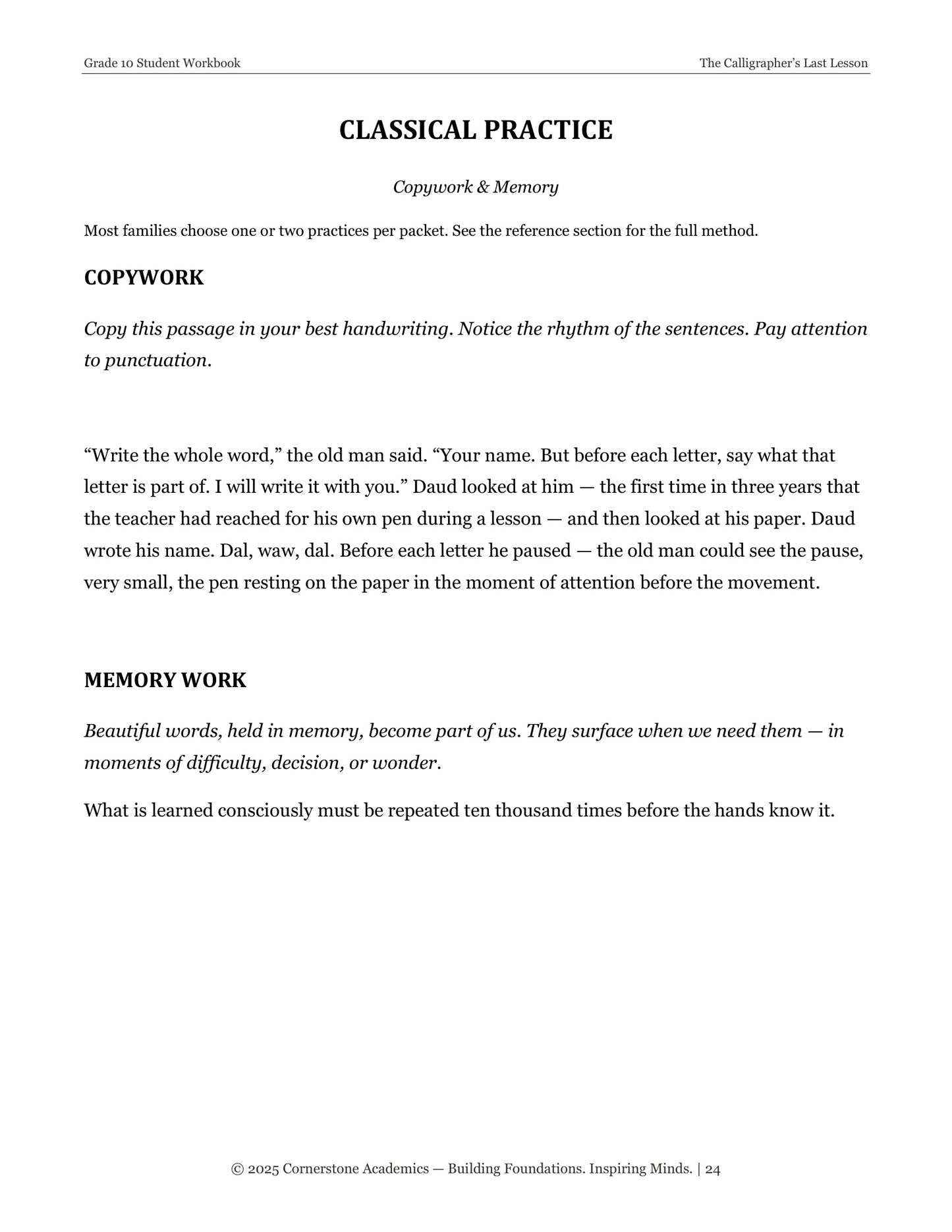 The Calligrapher's Last Lesson | Grade 10 Classical Literature Packet | Cornerstone Academics