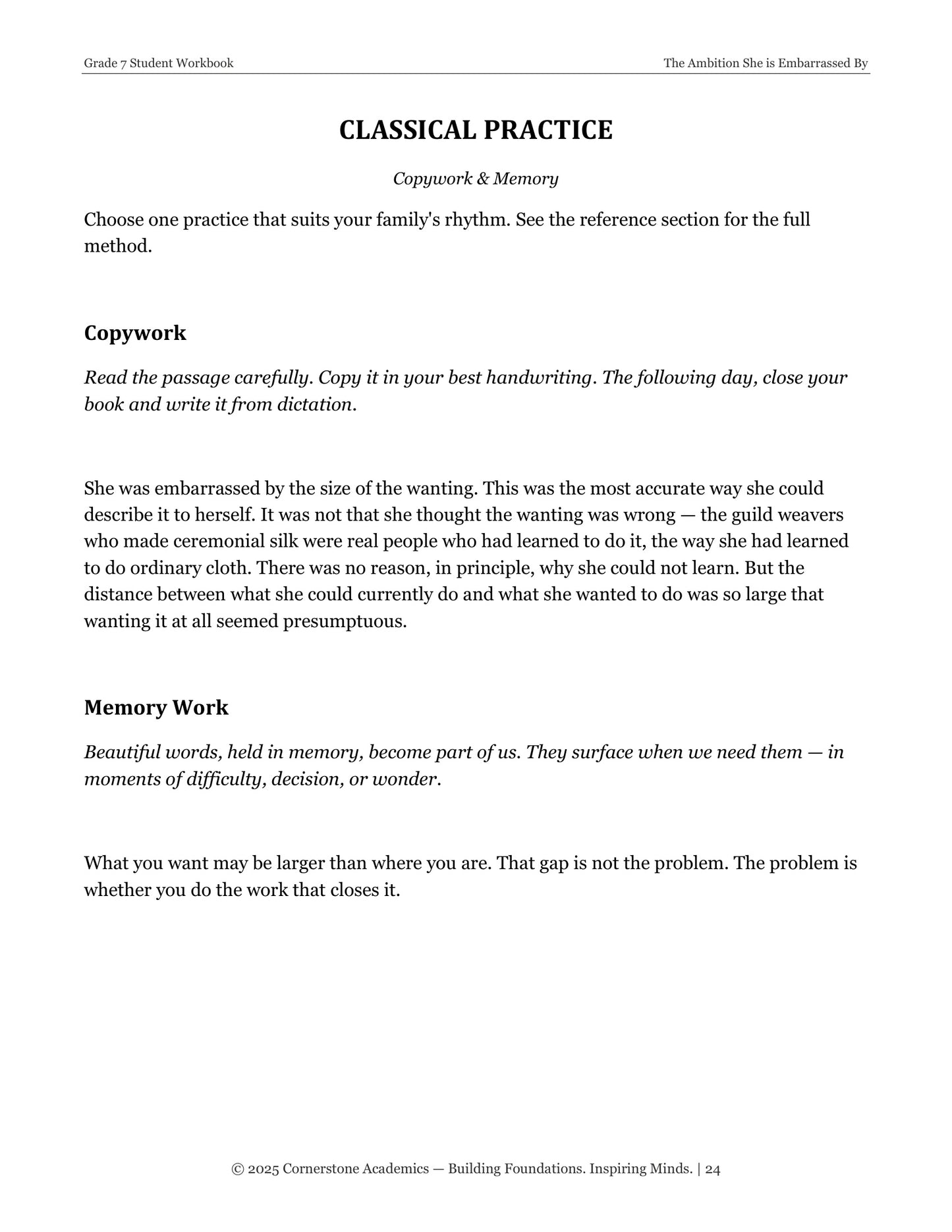 The Ambition She Is Embarrassed By | Grade 7 Classical Literature Packet | Cornerstone Academics