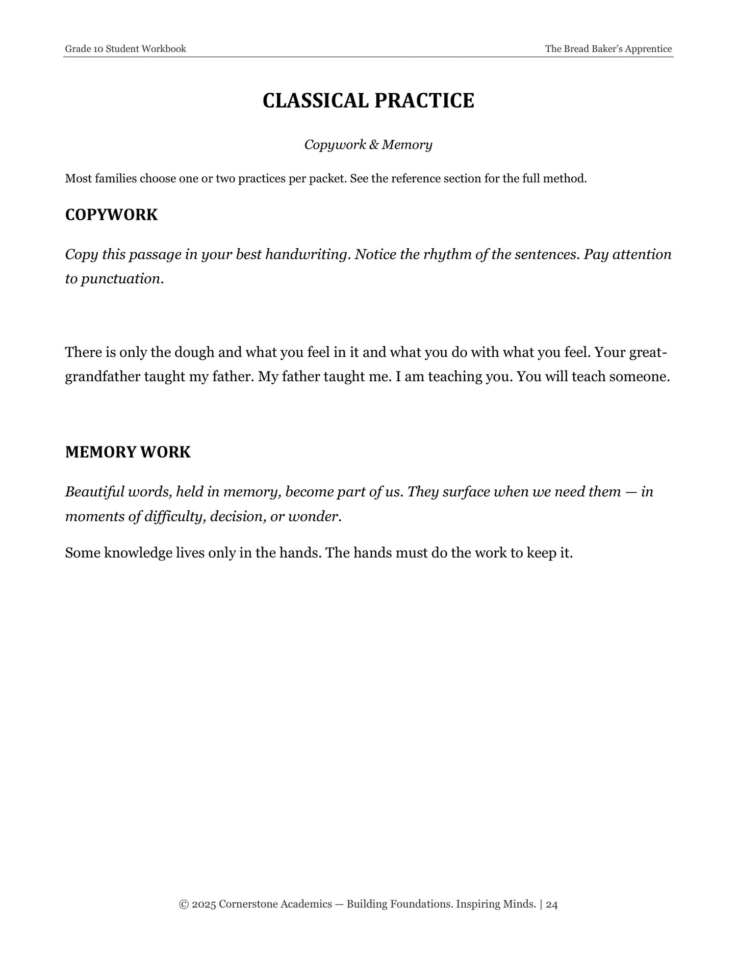 The Bread Baker's Apprentice | Grade 10 Classical Literature Packet | Cornerstone Academics