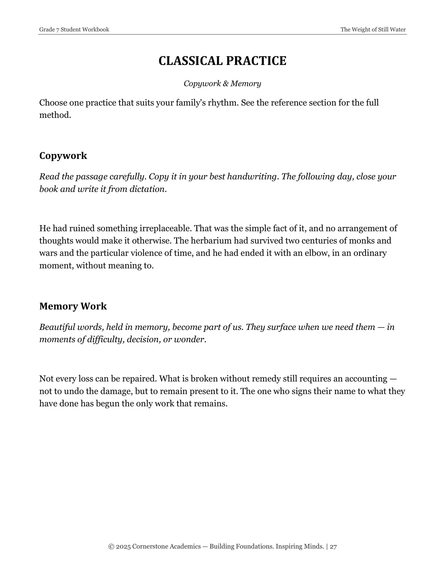 The Weight of Still Water | Grade 7 Classical Literature Packet | Cornerstone Academics