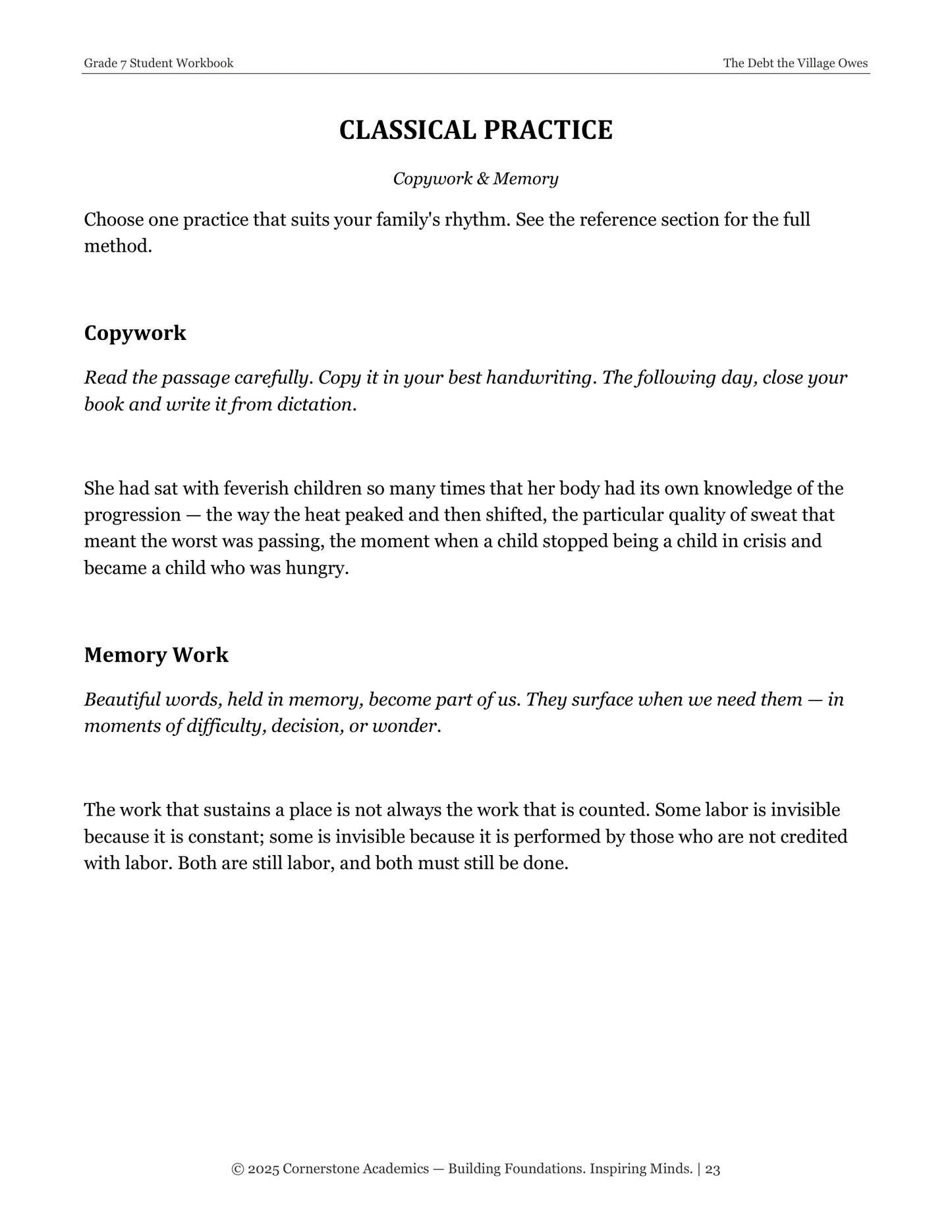The Debt the Village Owes | Grade 7 Classical Literature Packet | Cornerstone Academics