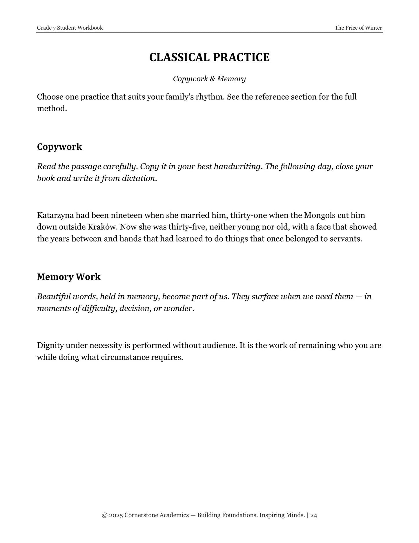 The Price of Winter | Grade 7 Classical Literature Packet | Cornerstone Academics