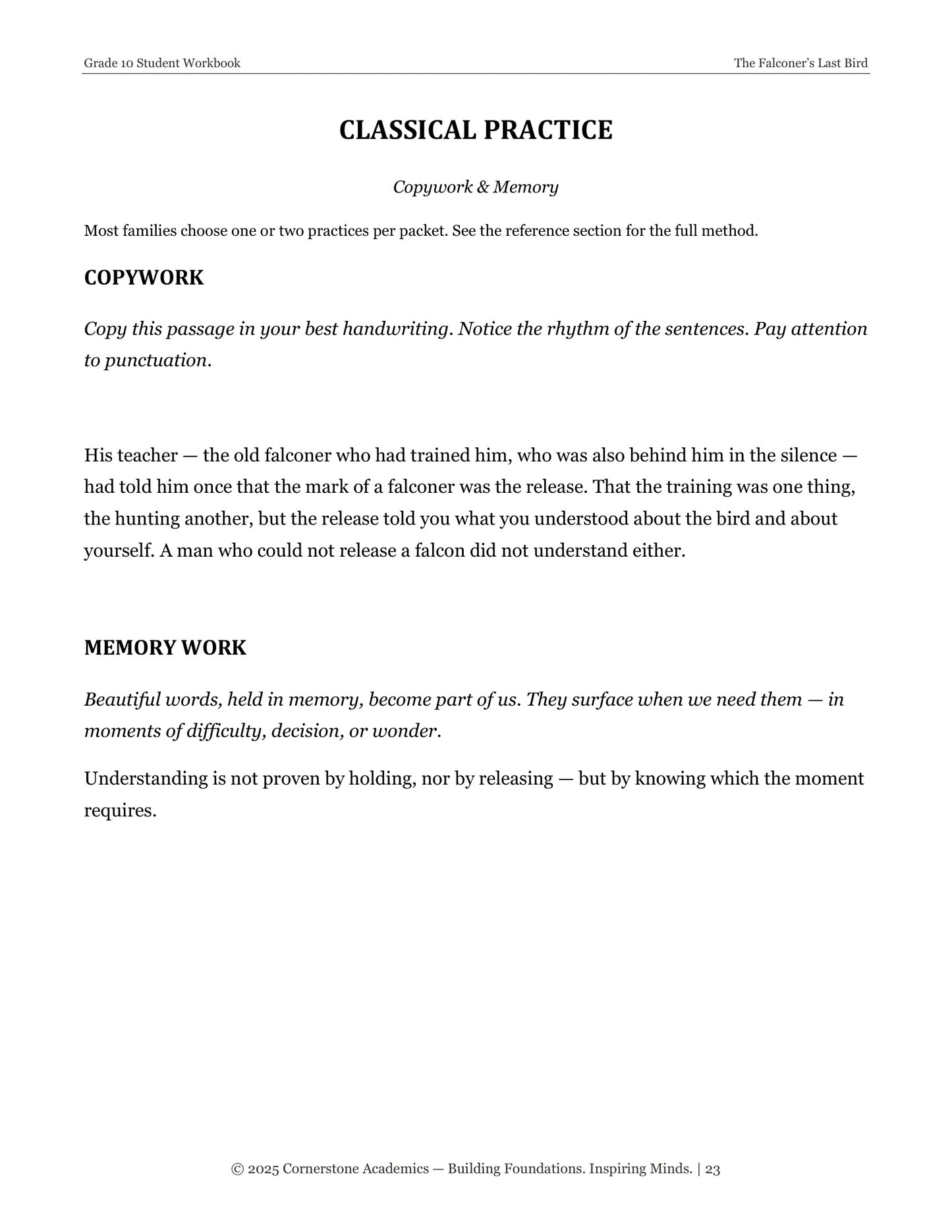 The Falconer's Last Bird | Grade 10 Classical Literature Packet | Cornerstone Academics
