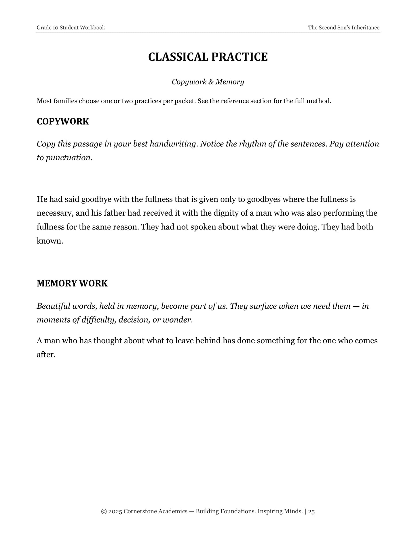 The Second Son's Inheritance | Grade 10 Classical Literature Packet | Cornerstone Academics