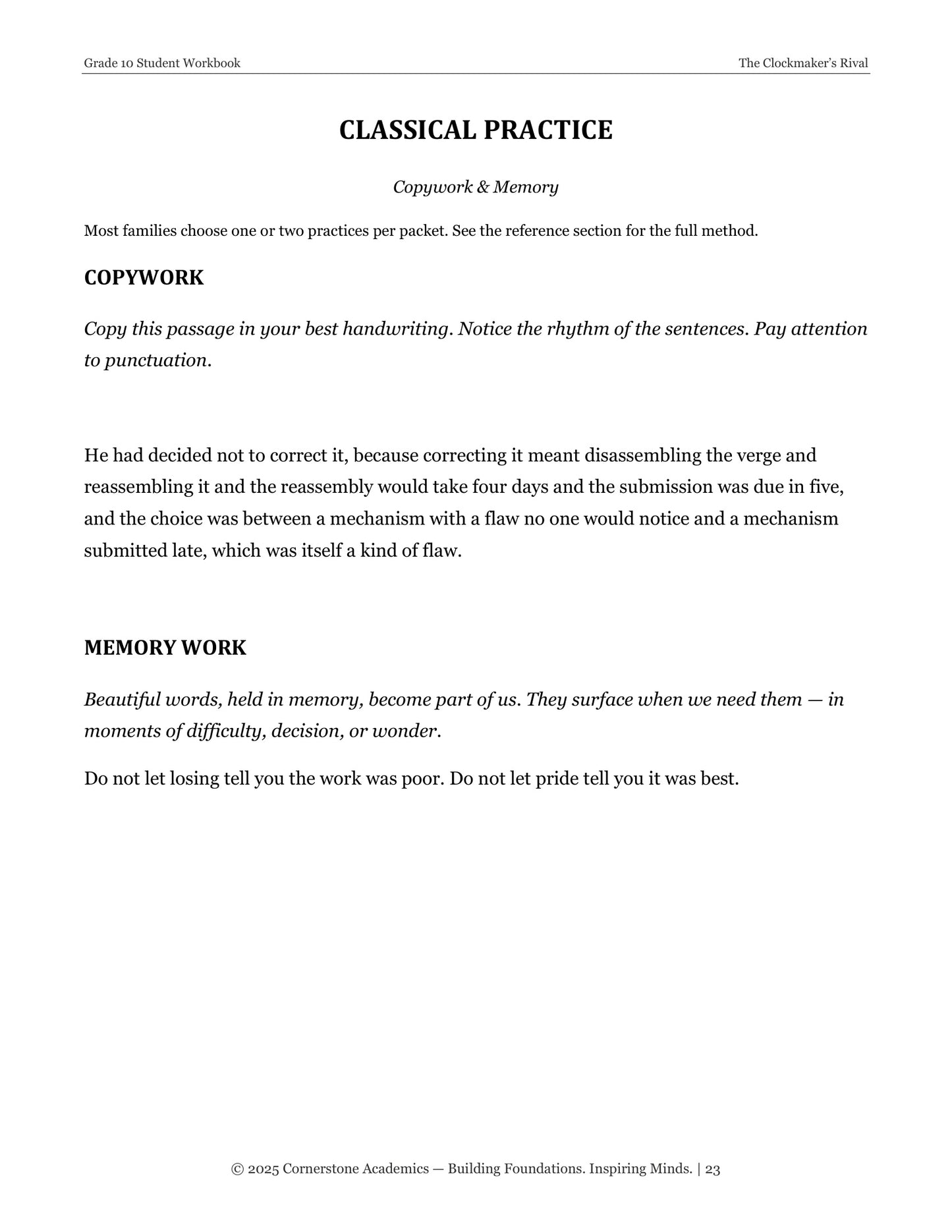 The Clockmaker's Rival | Grade 10 Classical Literature Packet | Cornerstone Academics