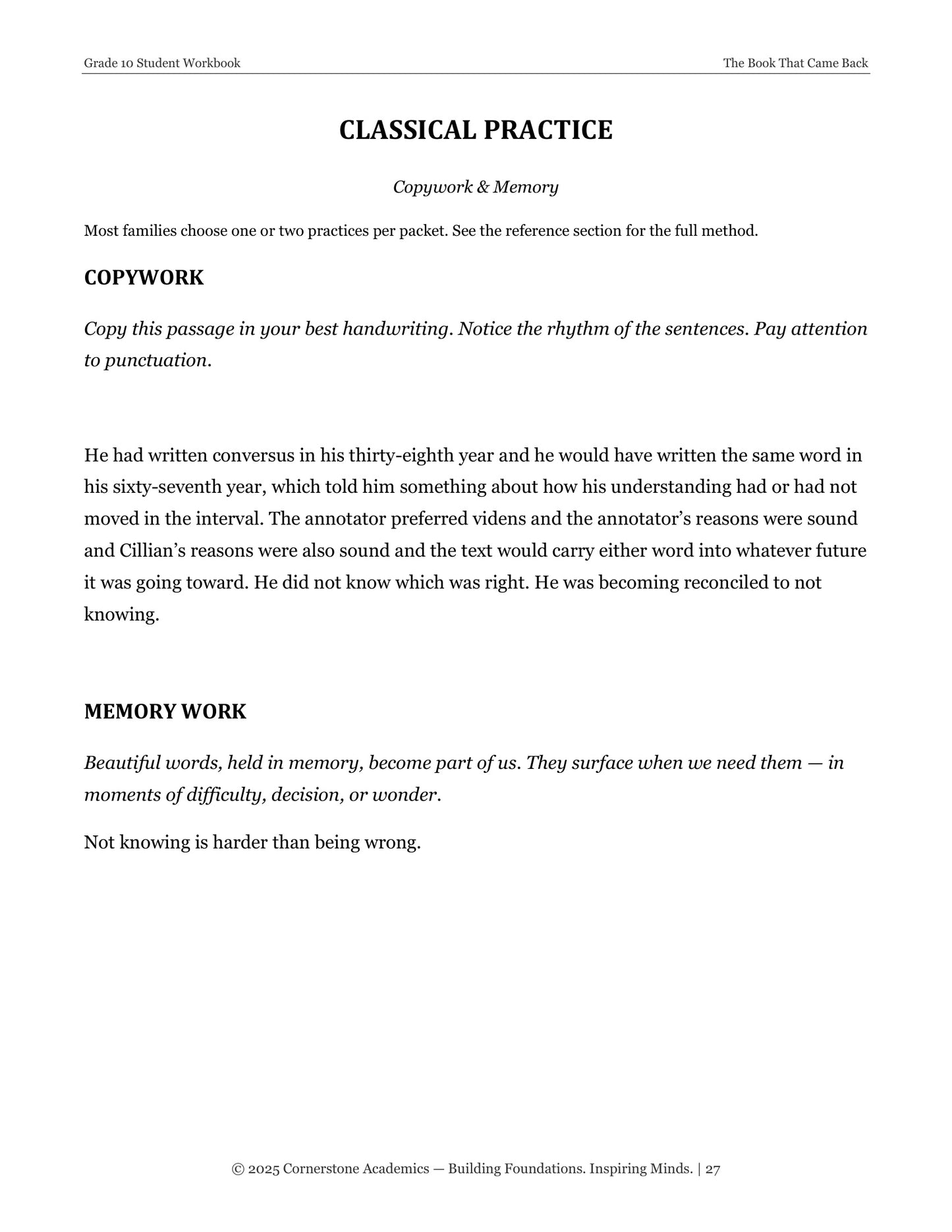 The Book That Came Back | Grade 10 Classical Literature Packet | Cornerstone Academics
