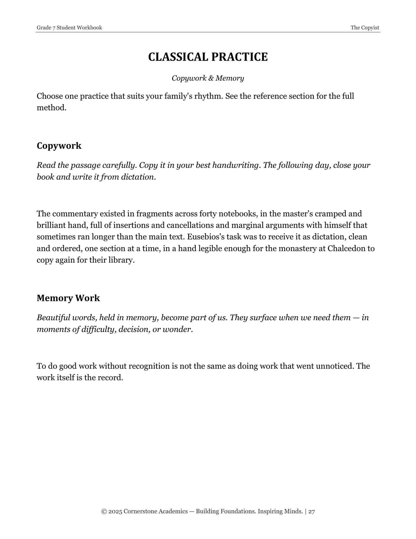 The Copyist | Grade 7 Classical Literature Packet | Cornerstone Academics