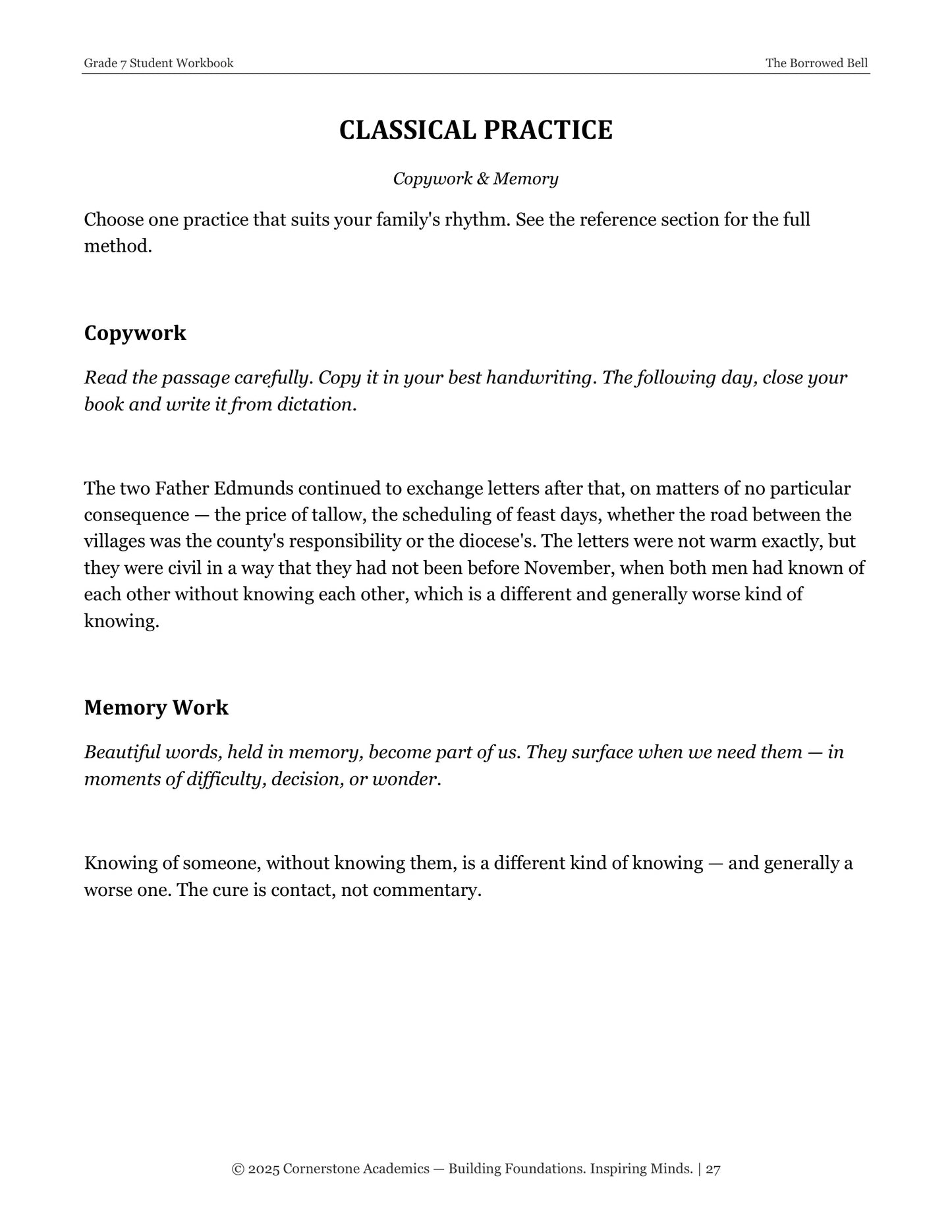The Borrowed Bell | Grade 7 Classical Literature Packet | Cornerstone Academics