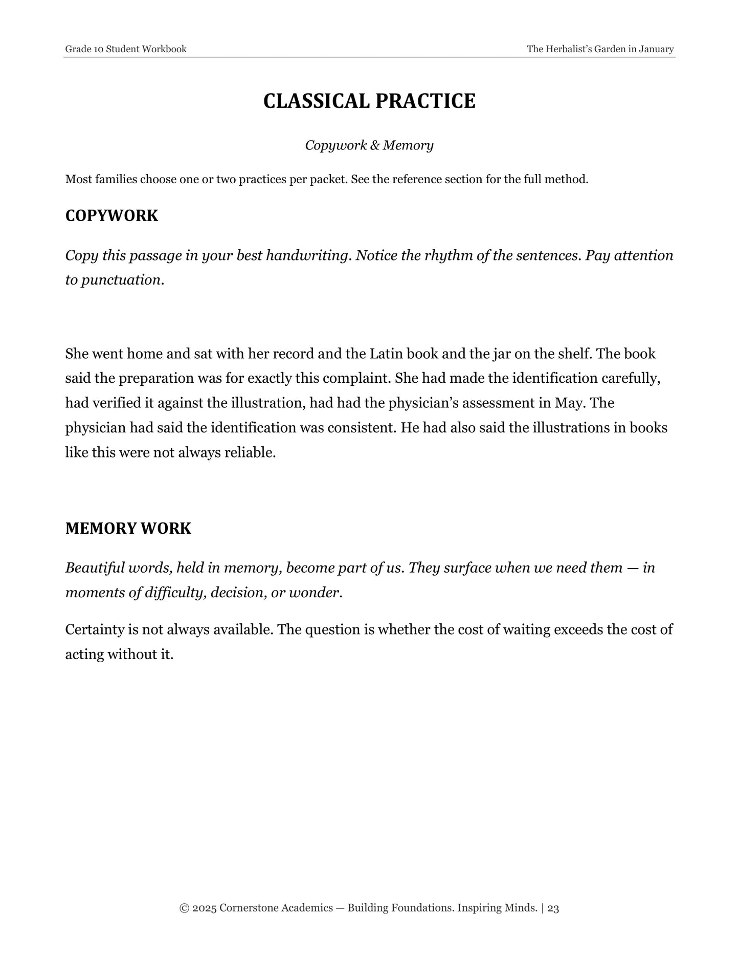 The Herbalist's Garden in January | Grade 10 Classical Literature Packet | Cornerstone Academics