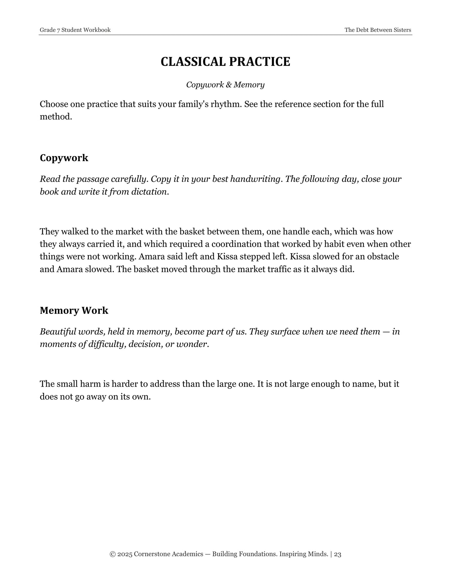 The Debt Between Sisters | Grade 7 Classical Literature Packet | Cornerstone Academics