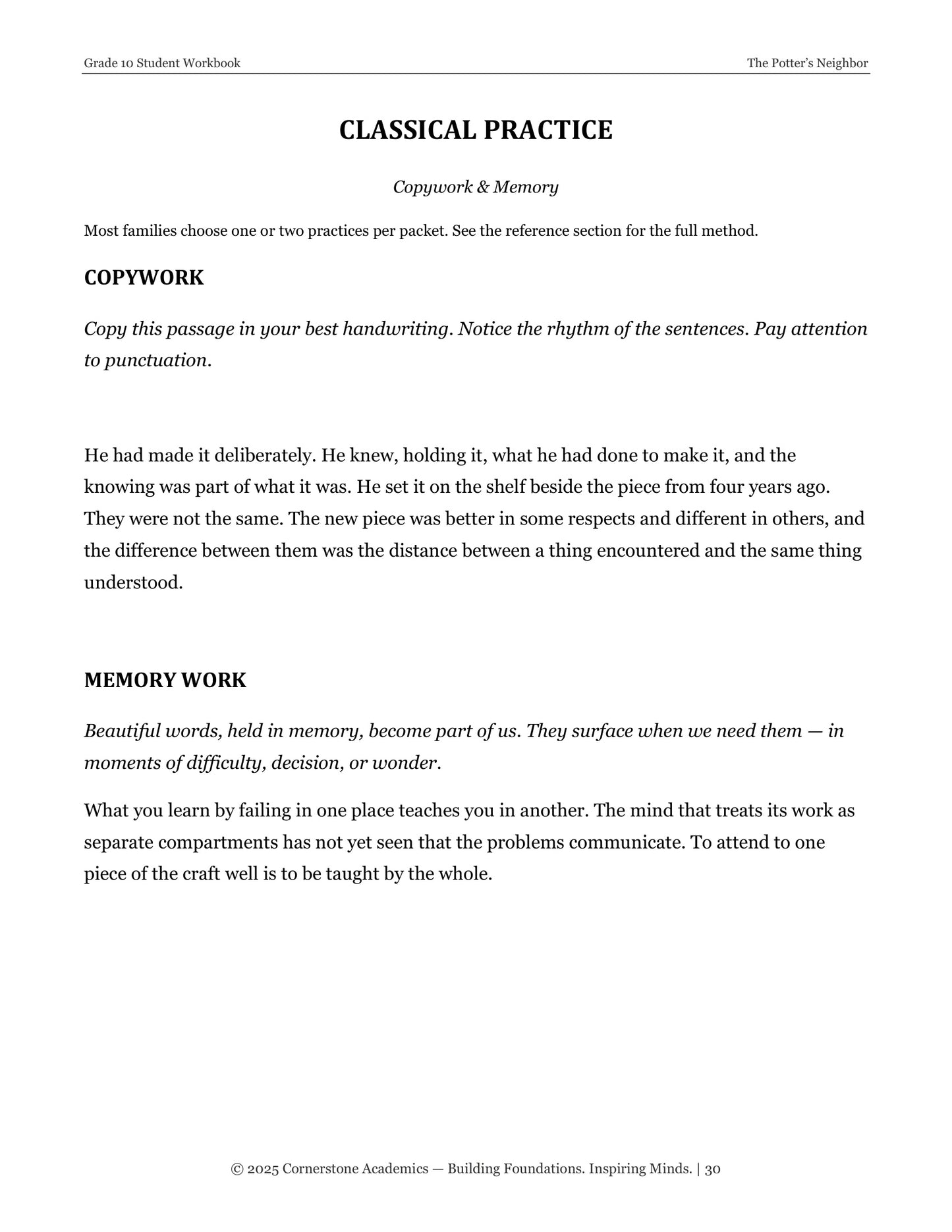 The Potter's Neighbor | Grade 10 Classical Literature Packet | Cornerstone Academics