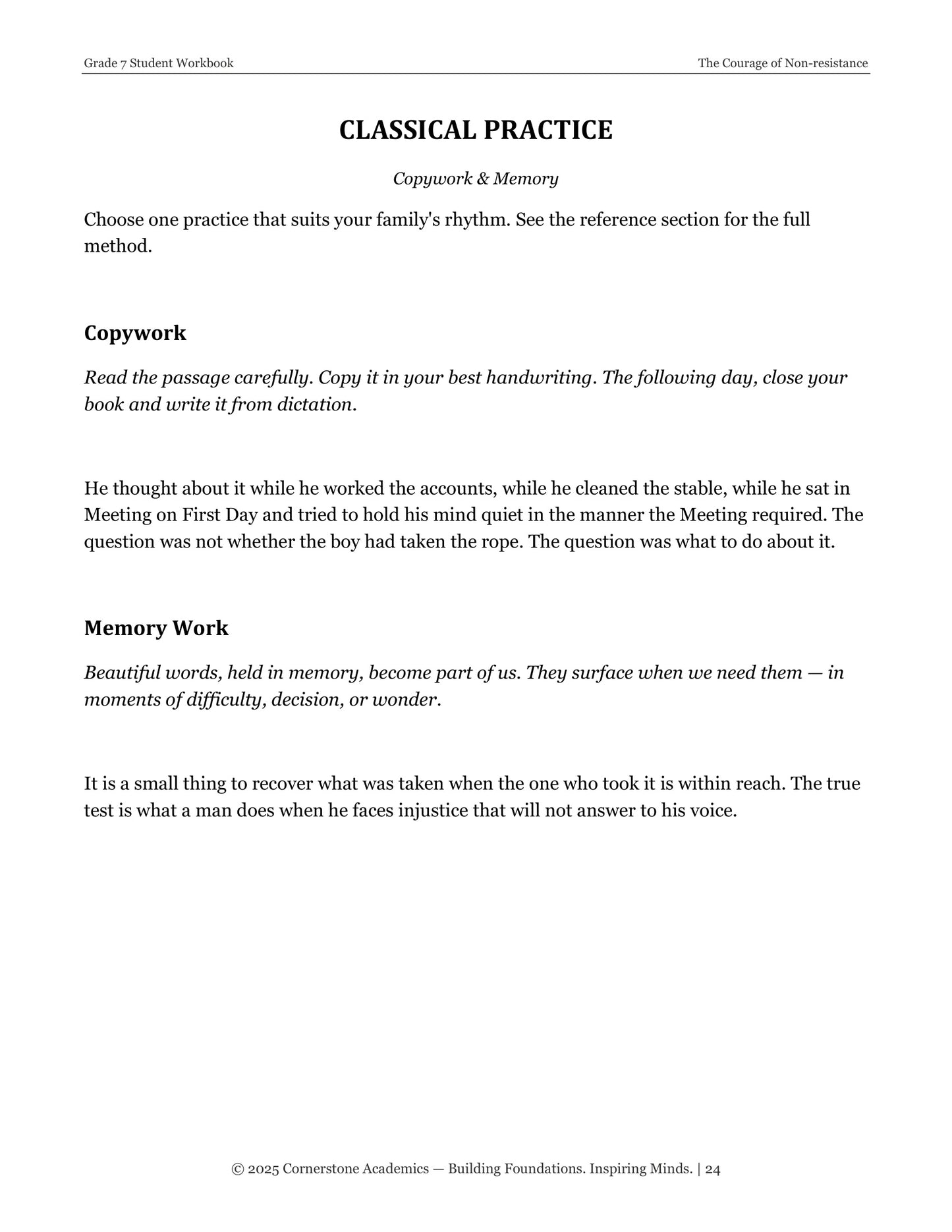 The Courage of Non-resistance | Grade 7 Classical Literature Packet | Cornerstone Academics