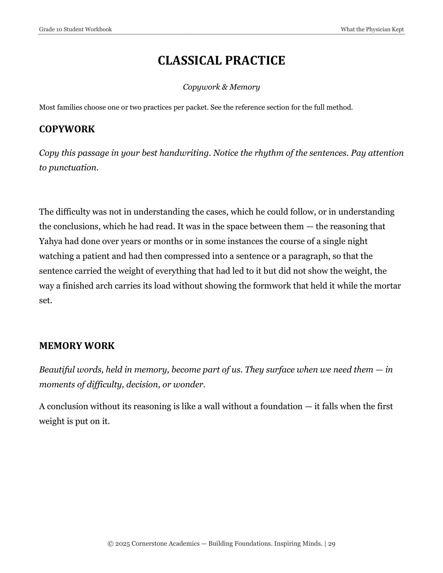 What the Physician Kept | Grade 10 Classical Literature Packet | Cornerstone Academics