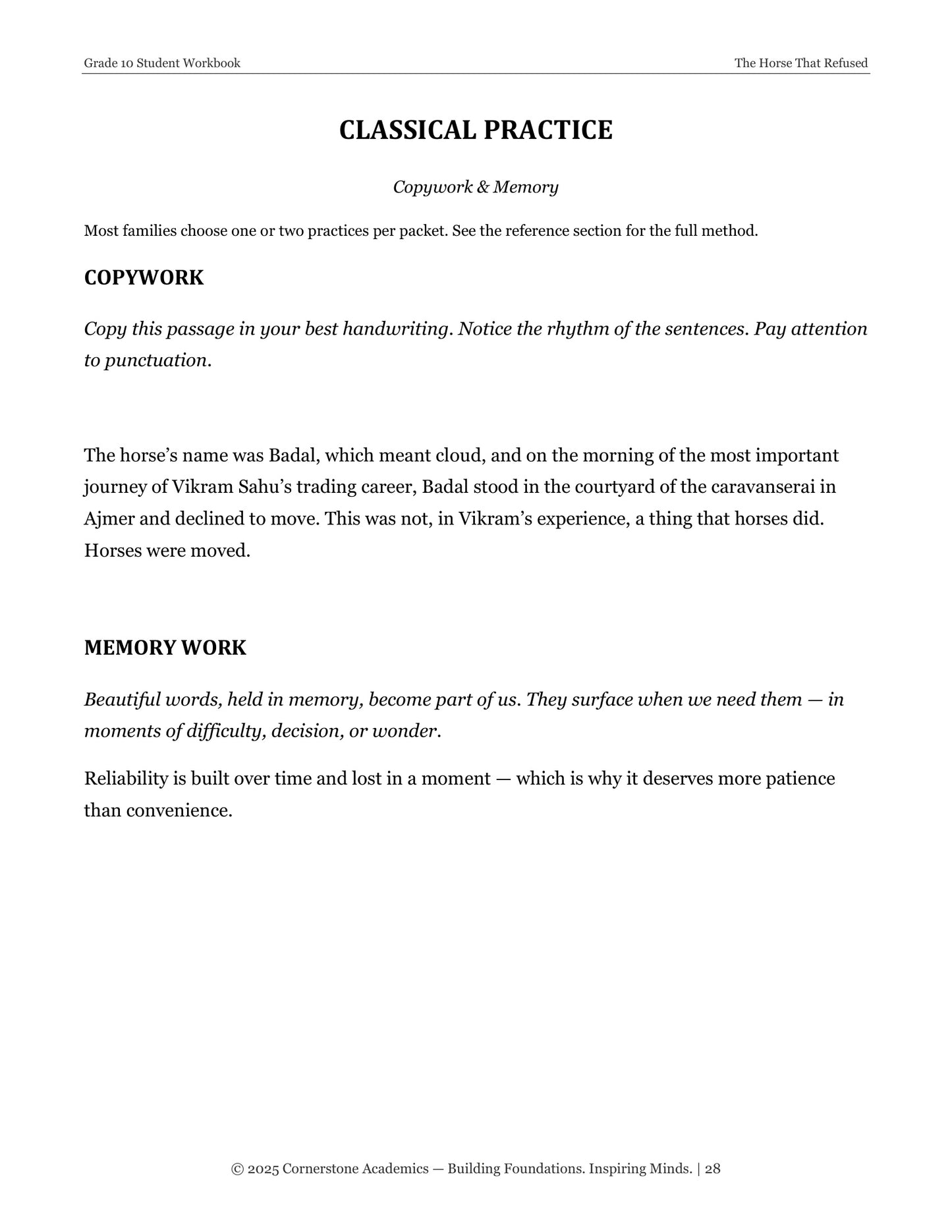 The Horse That Refused | Grade 10 Classical Literature Packet | Cornerstone Academics