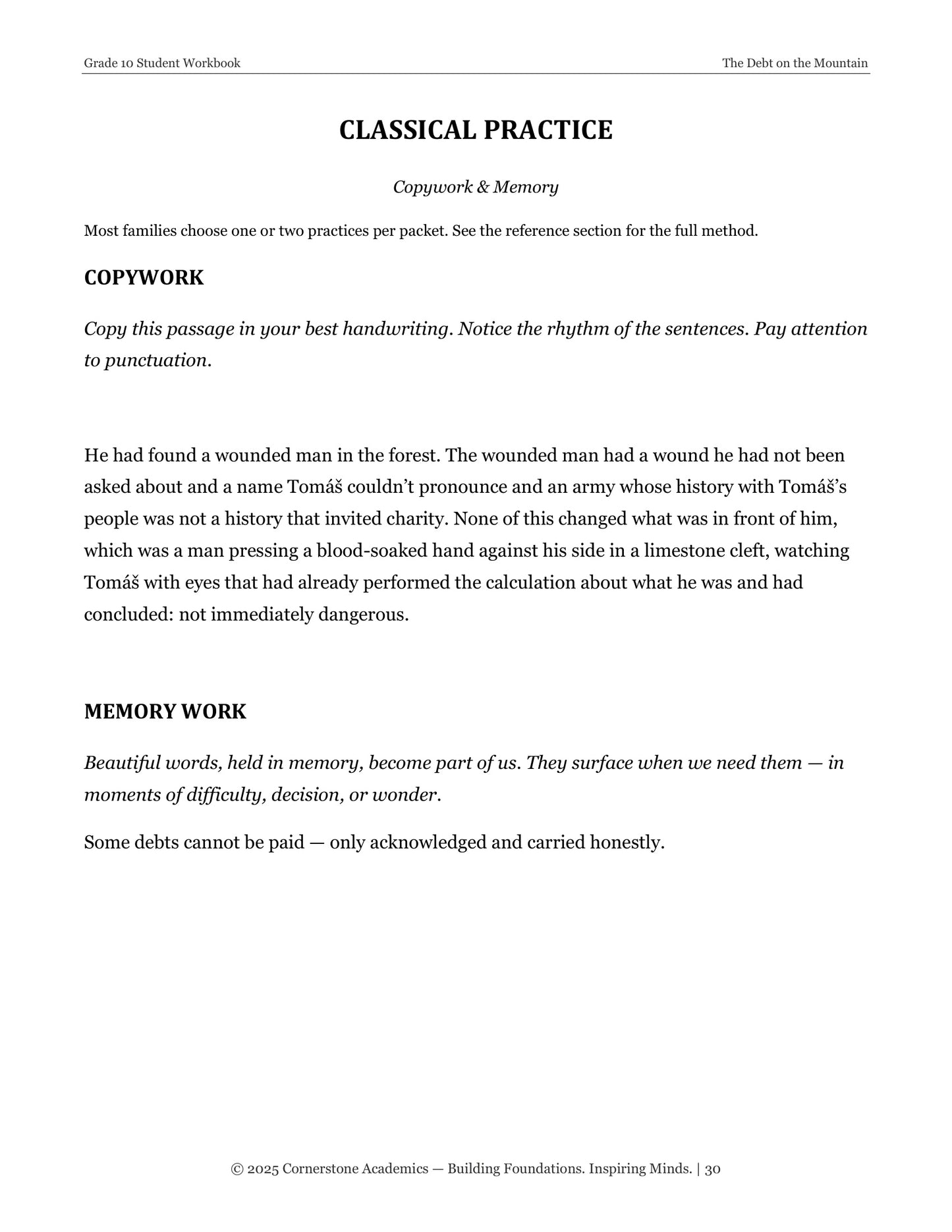 The Debt on the Mountain | Grade 10 Classical Literature Packet | Cornerstone Academics