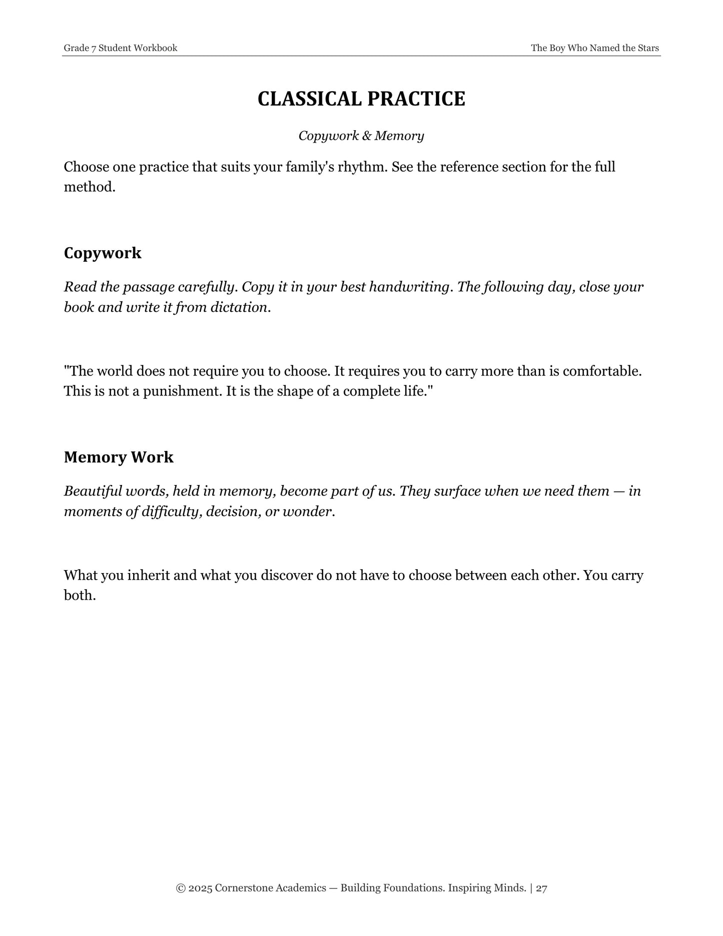 The Boy Who Named the Stars | Grade 7 Classical Literature Packet | Cornerstone Academics
