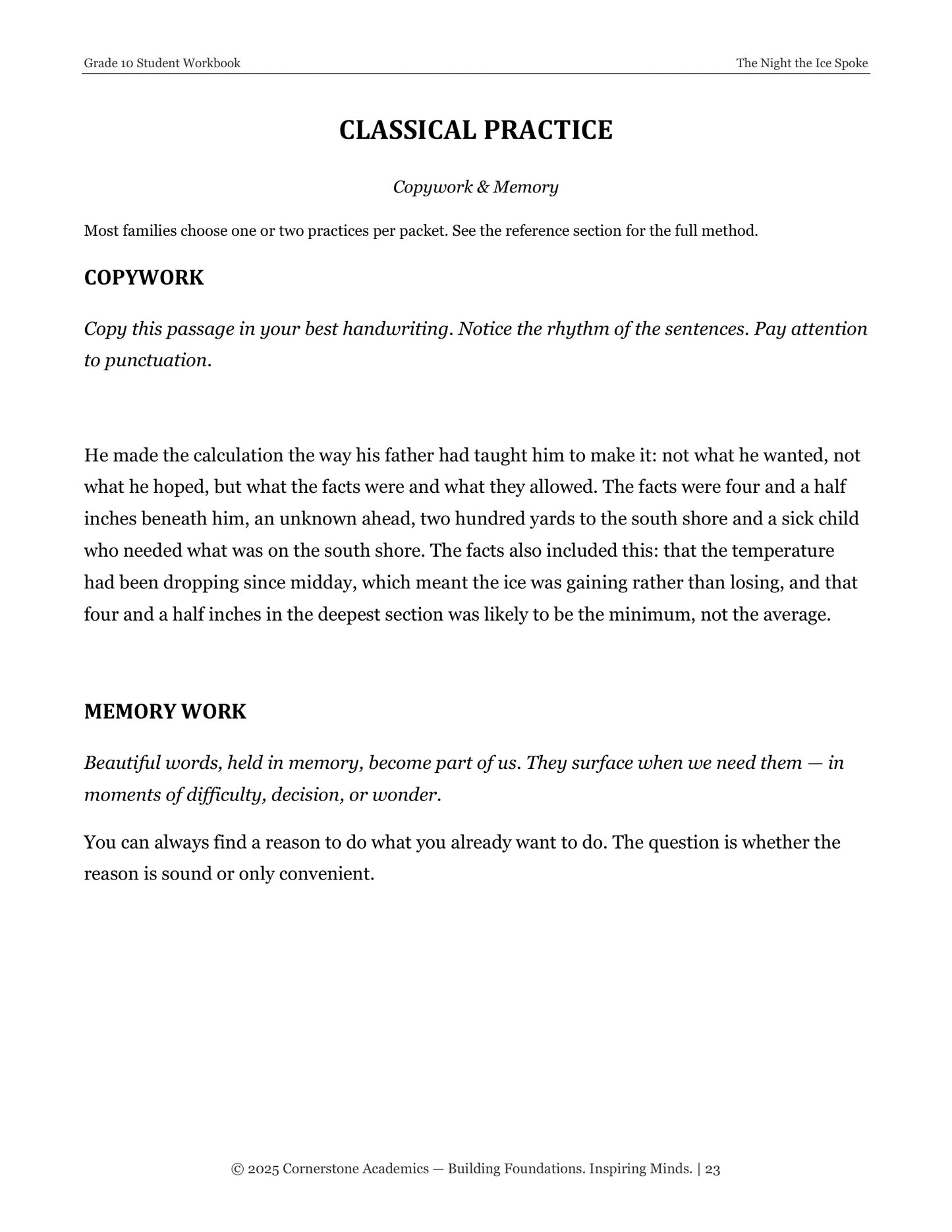 The Night the Ice Spoke | Grade 10 Classical Literature Packet | Cornerstone Academics