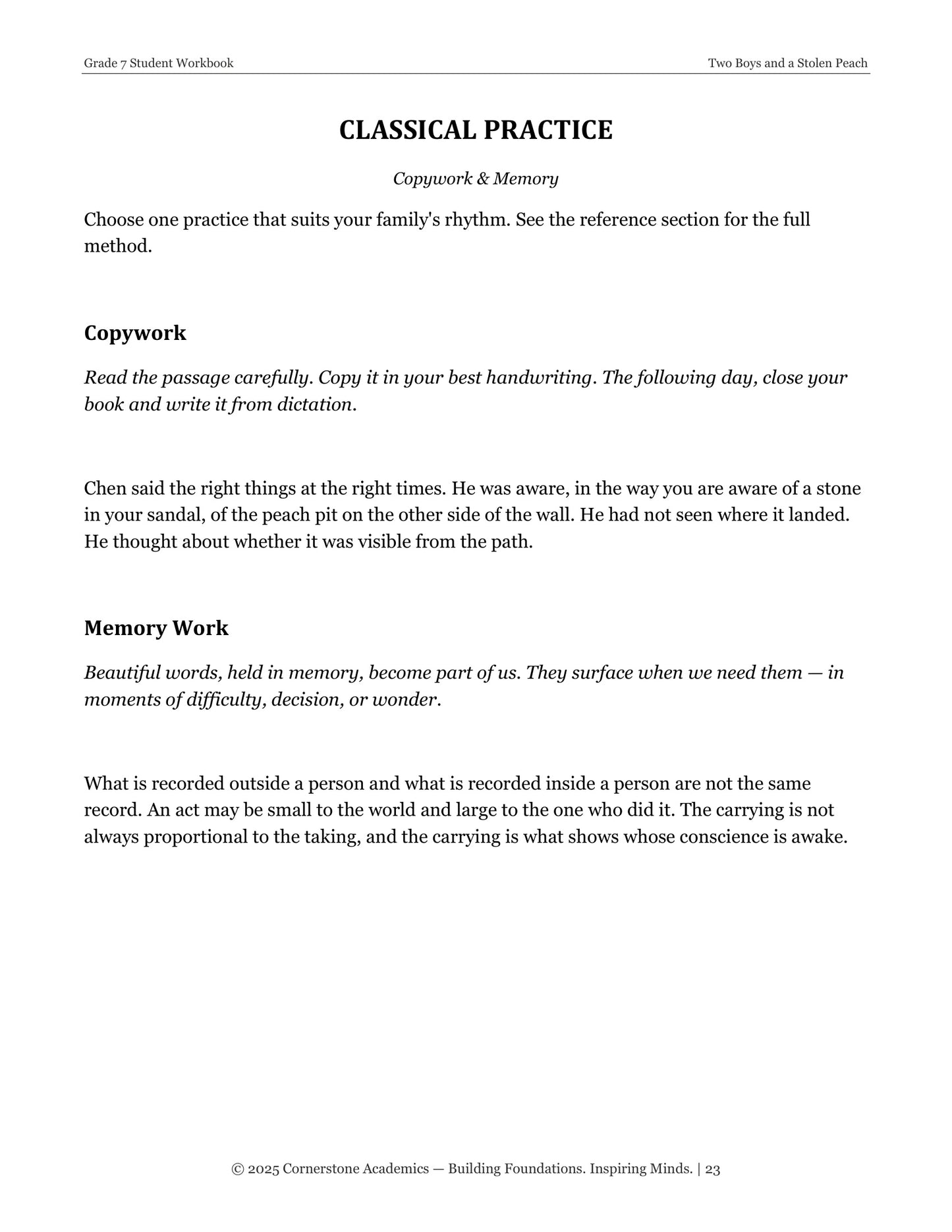 Two Boys and a Stolen Peach | Grade 7 Classical Literature Packet | Cornerstone Academics