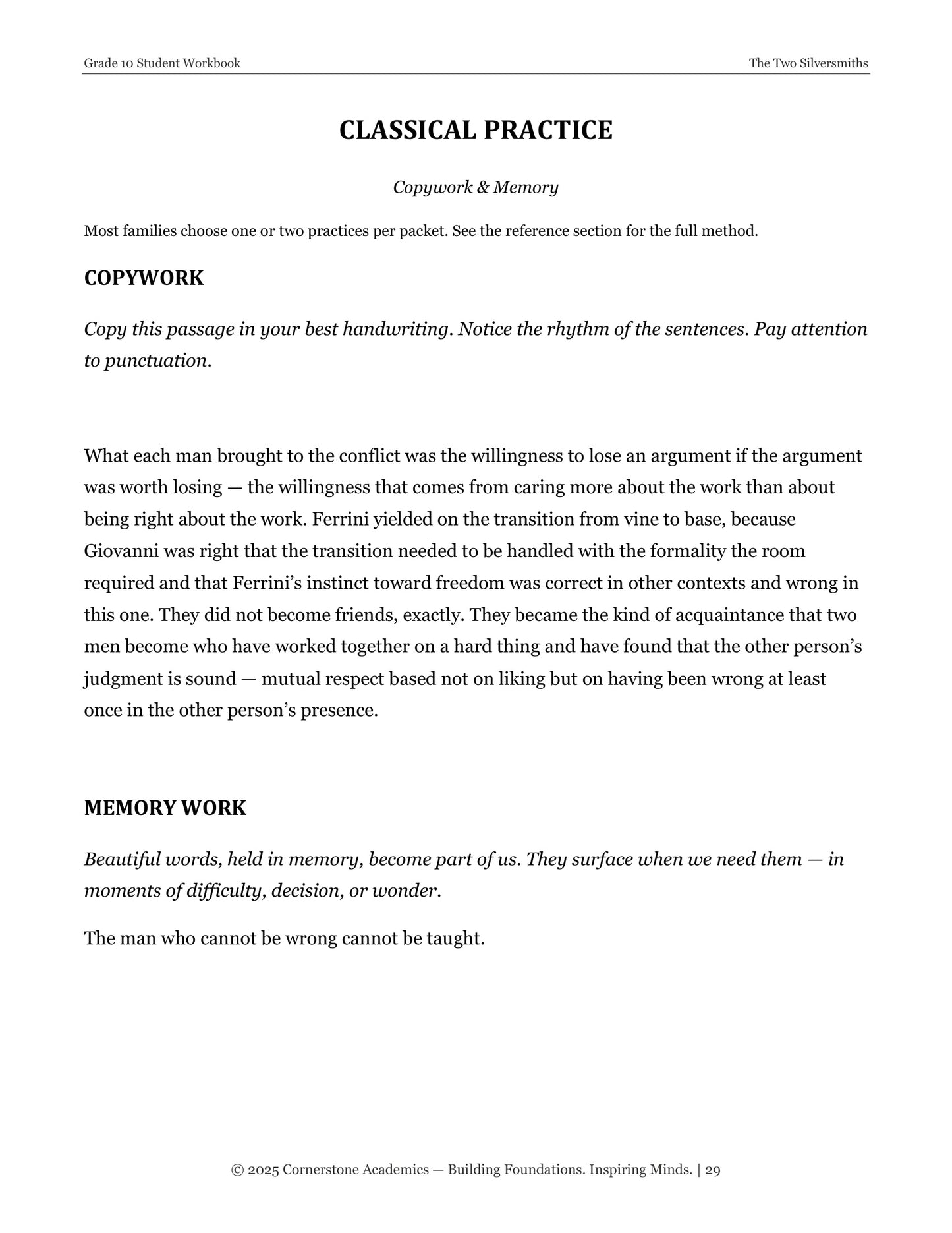 The Two Silversmiths | Grade 10 Classical Literature Packet | Cornerstone Academics