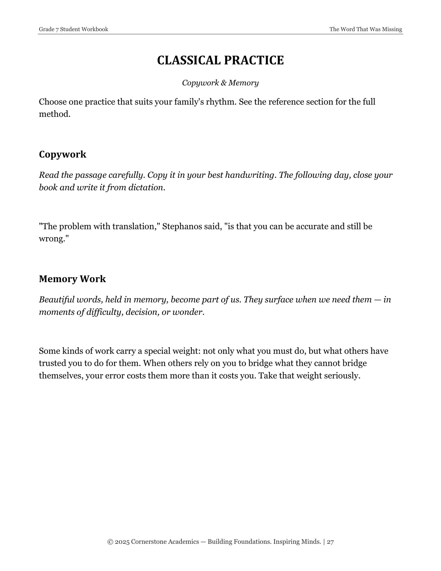 The Word That Was Missing | Grade 7 Classical Literature Packet | Cornerstone Academics