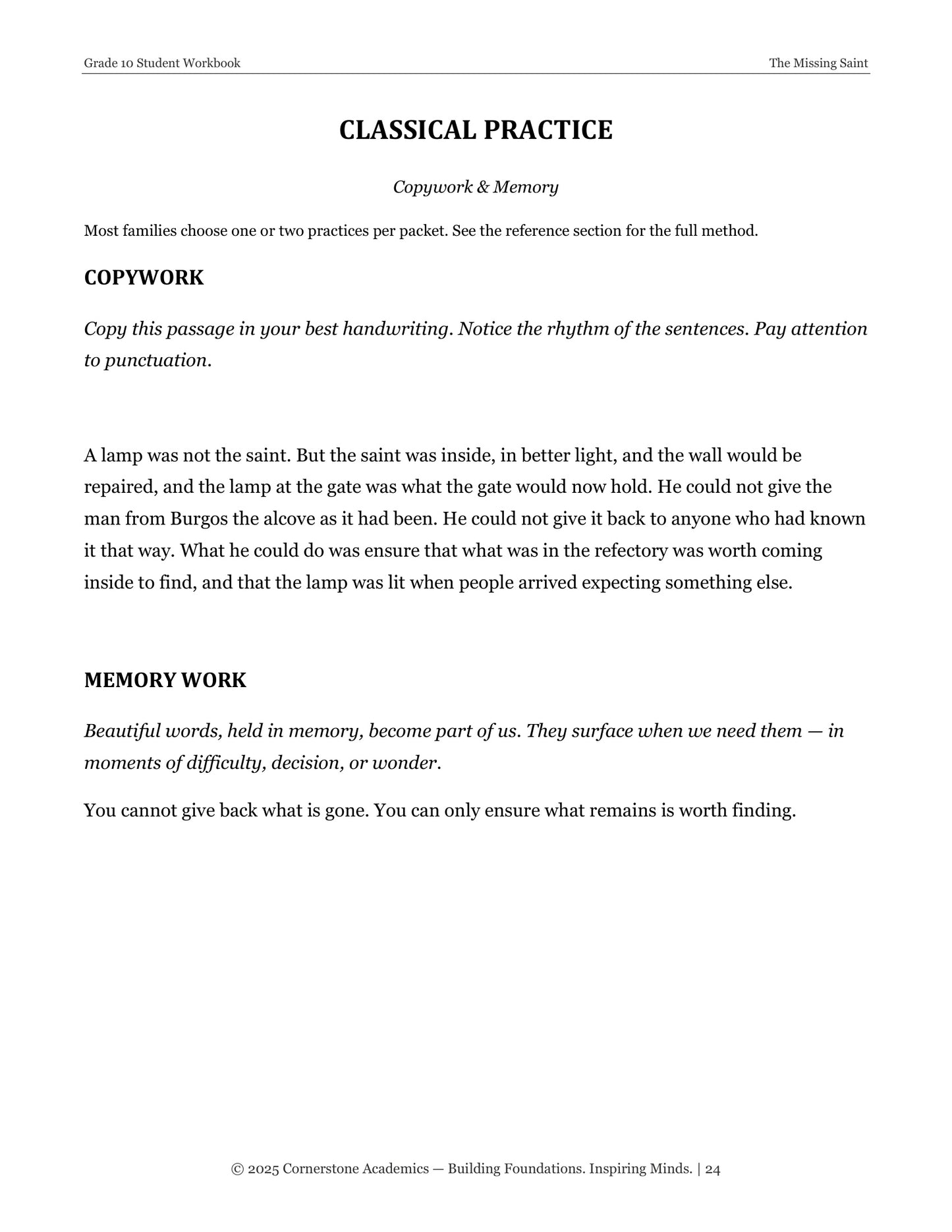 The Missing Saint | Grade 10 Classical Literature Packet | Cornerstone Academics