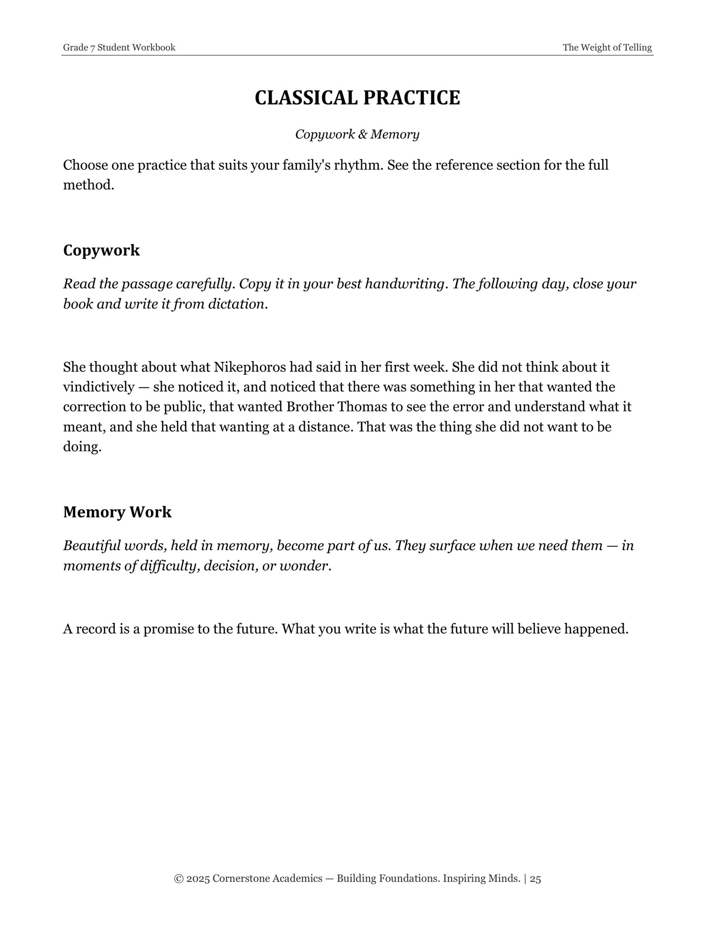 The Weight of Telling | Grade 7 Classical Literature Packet | Cornerstone Academics
