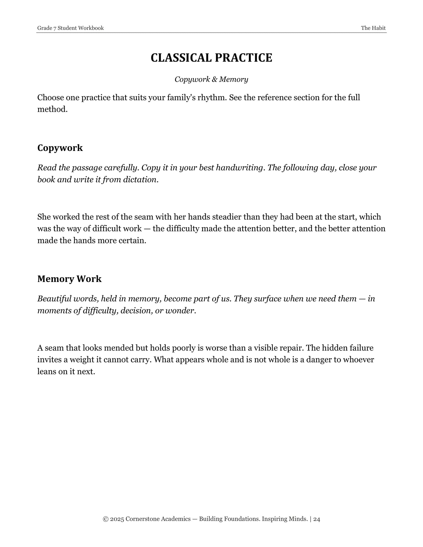 The Habit | Grade 7 Classical Literature Packet | Cornerstone Academics