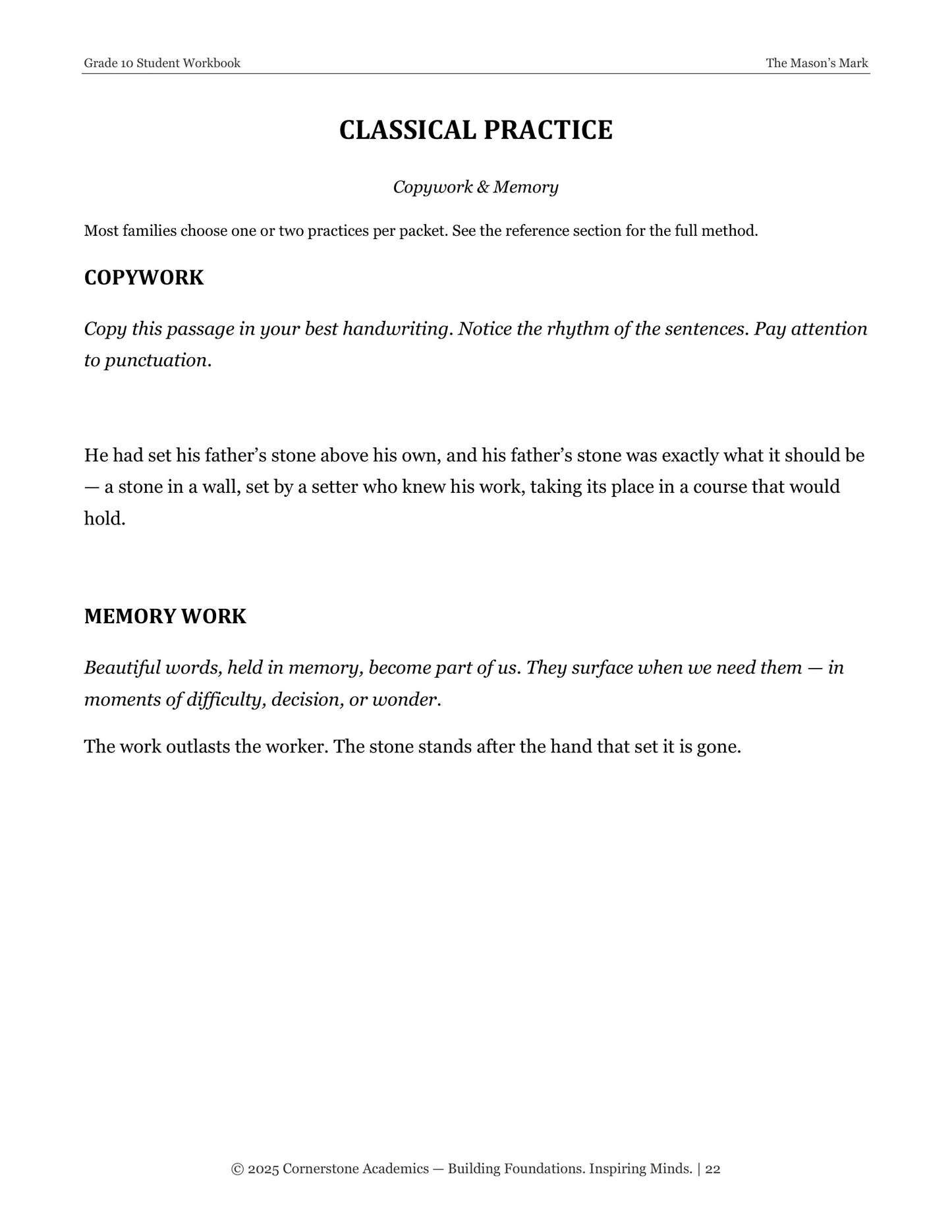 The Mason's Mark | Grade 10 Classical Literature Packet | Cornerstone Academics