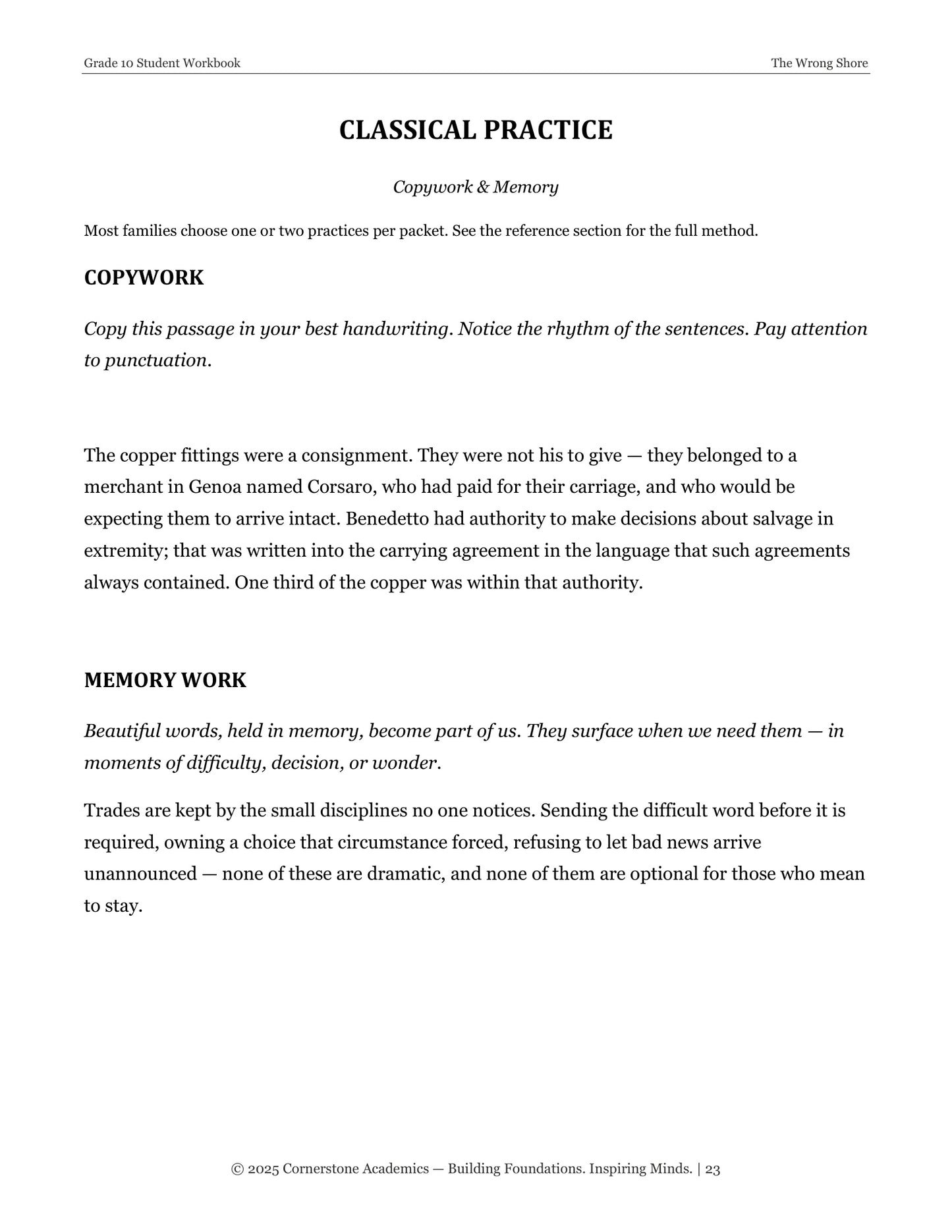The Wrong Shore | Grade 10 Classical Literature Packet | Cornerstone Academics