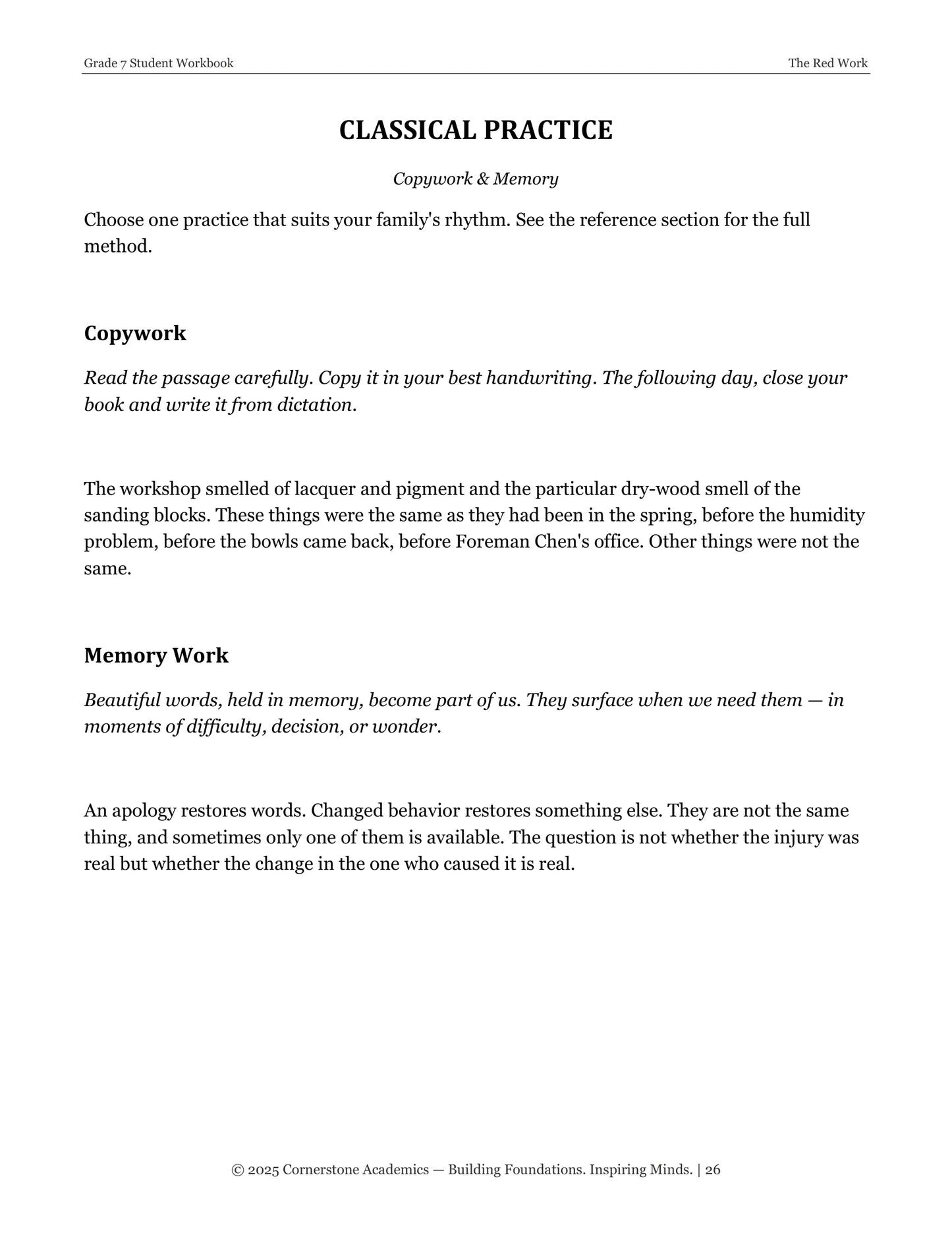 The Red Work | Grade 7 Classical Literature Packet | Cornerstone Academics