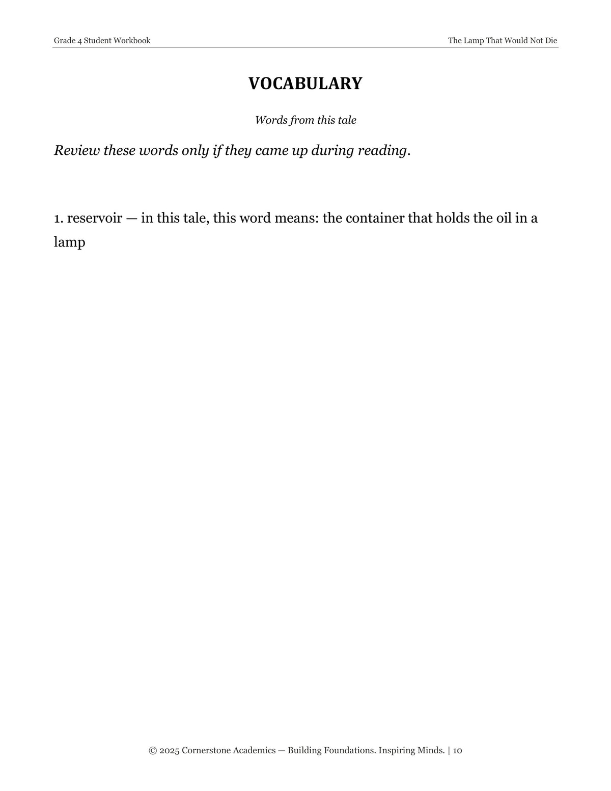 Vocabulary exercises page from The Lamp That Would Not Die and Other Fairy Tales, Grade 4 literature packet