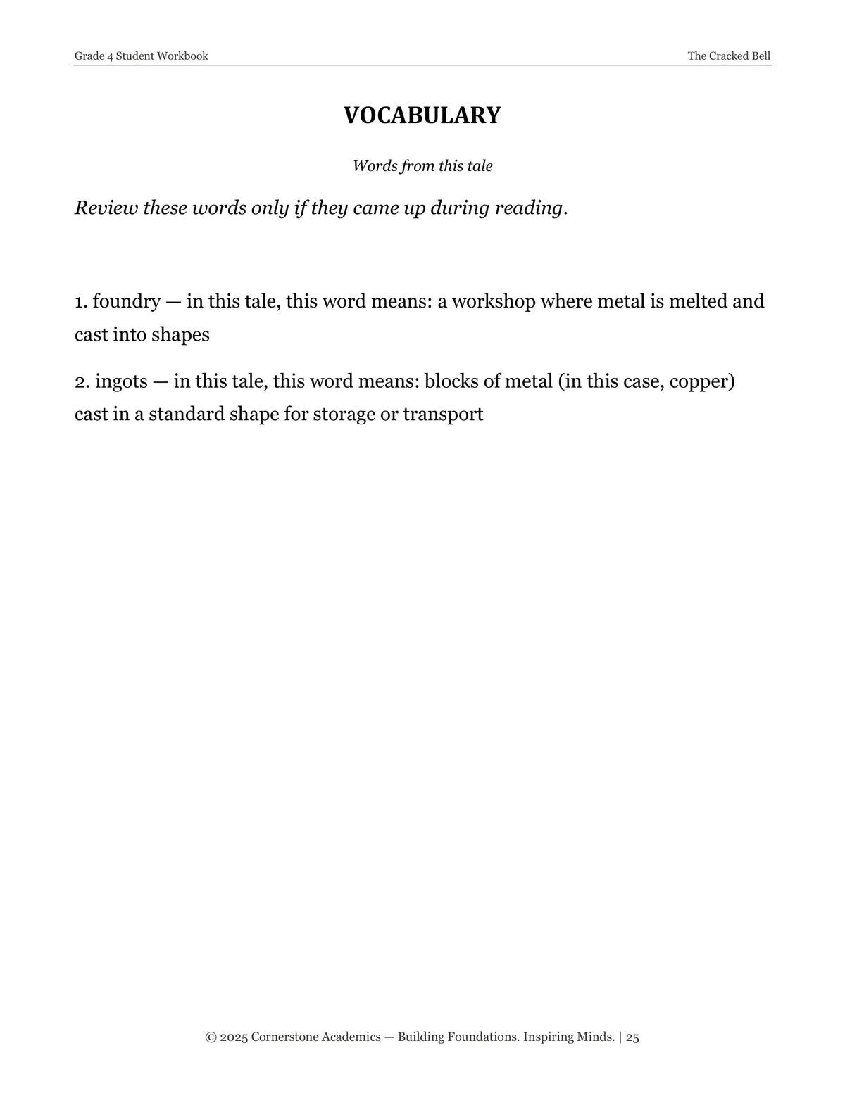 Vocabulary exercises page from The Clockmaker's Son and Other Fairy Tales, Grade 4 literature packet