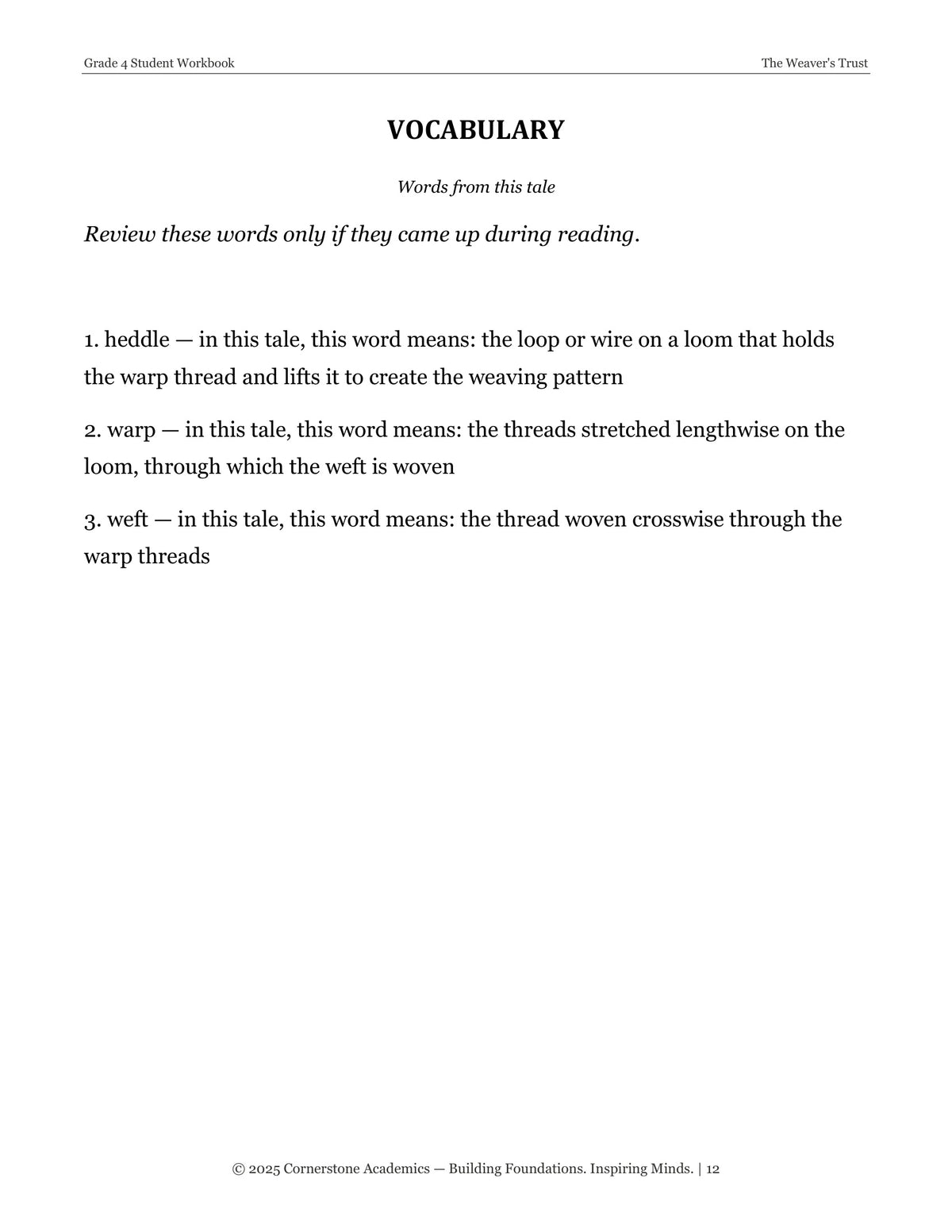 Vocabulary exercises page from The Weaver's Trust and Other Fairy Tales, Grade 4 literature packet