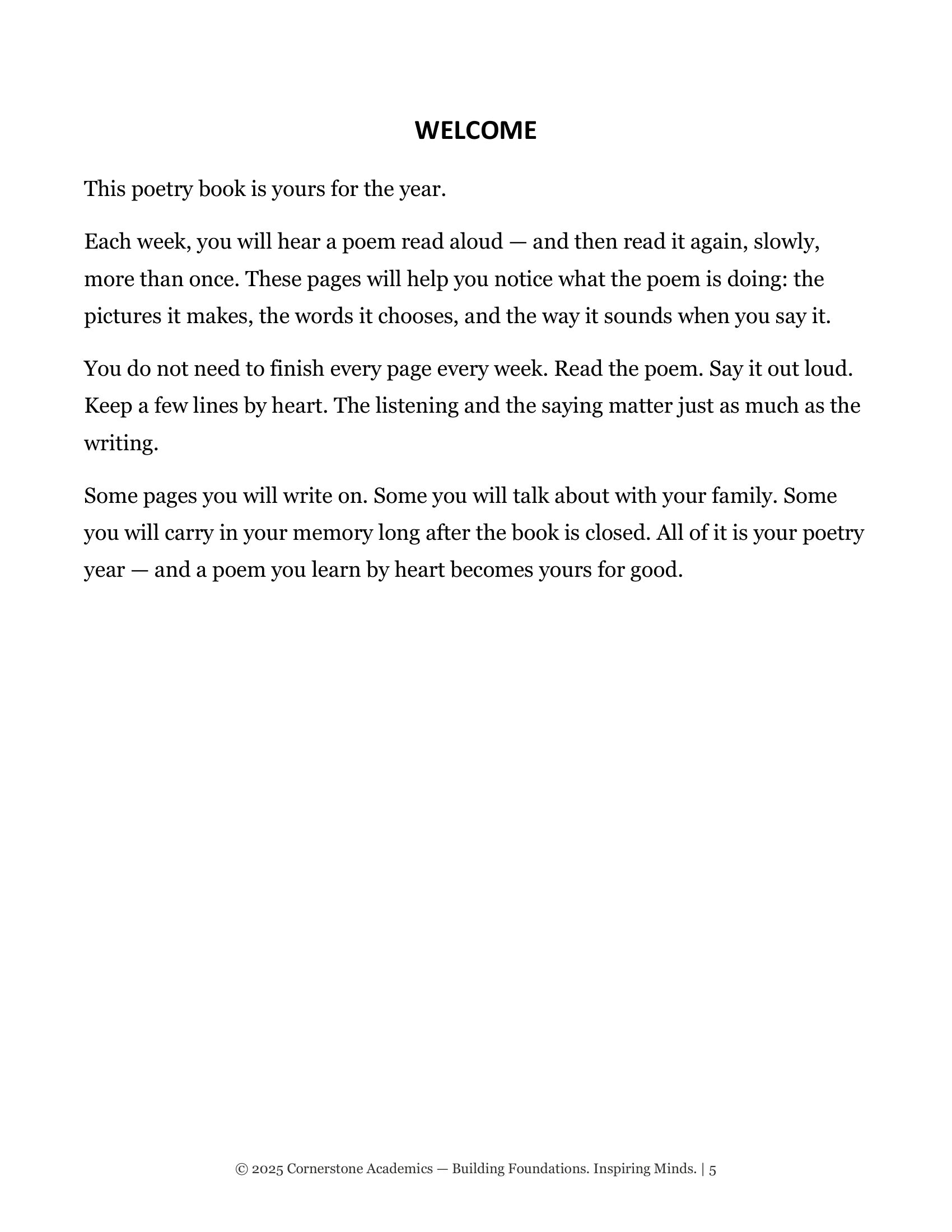 Welcome page from Grade 4 Literature Poetry Companion Student Workbook, Grade 4 homeschool curriculum